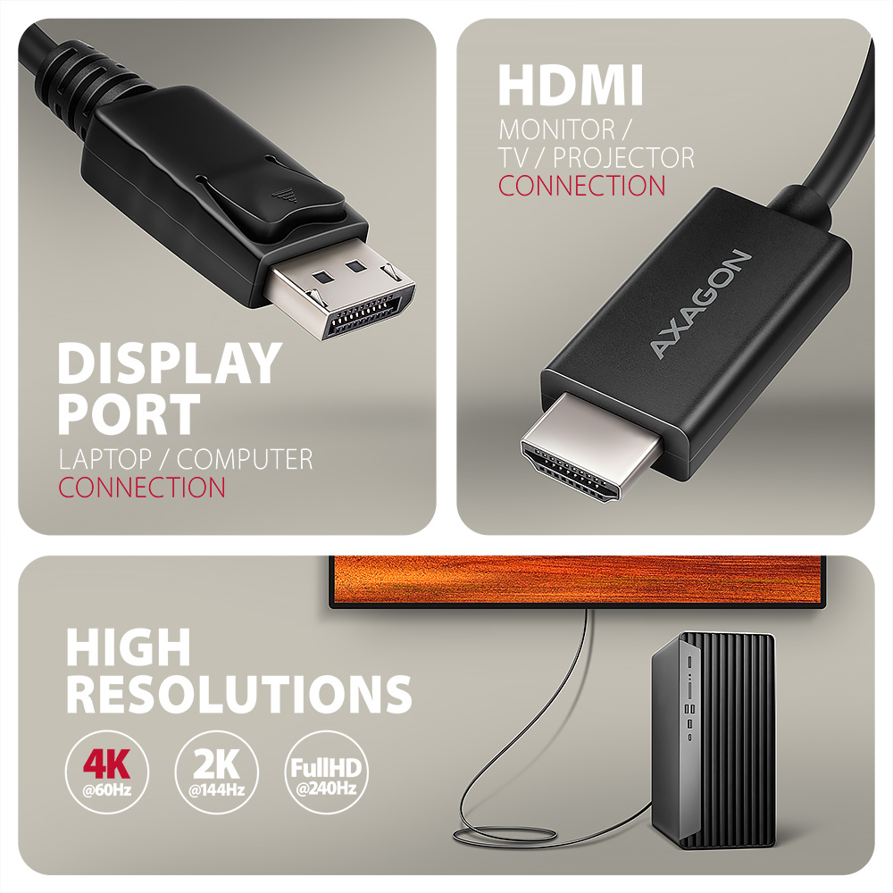 Kable DisplayPort i HDMI. DisplayPort dla laptopa/komputera, HDMI dla monitora/projektora.