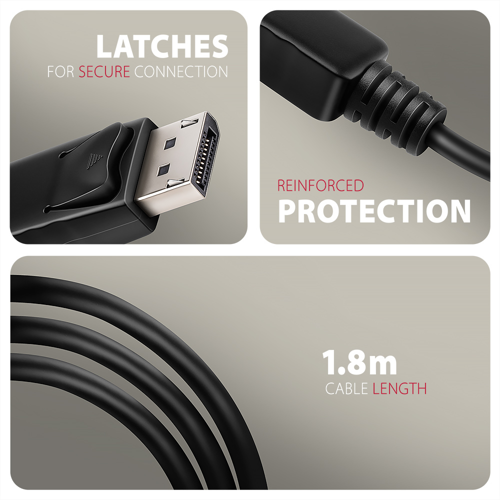 Elementy i funkcje kabla DisplayPort. Zatrzaski, wzmocniona ochrona i długość kabla.