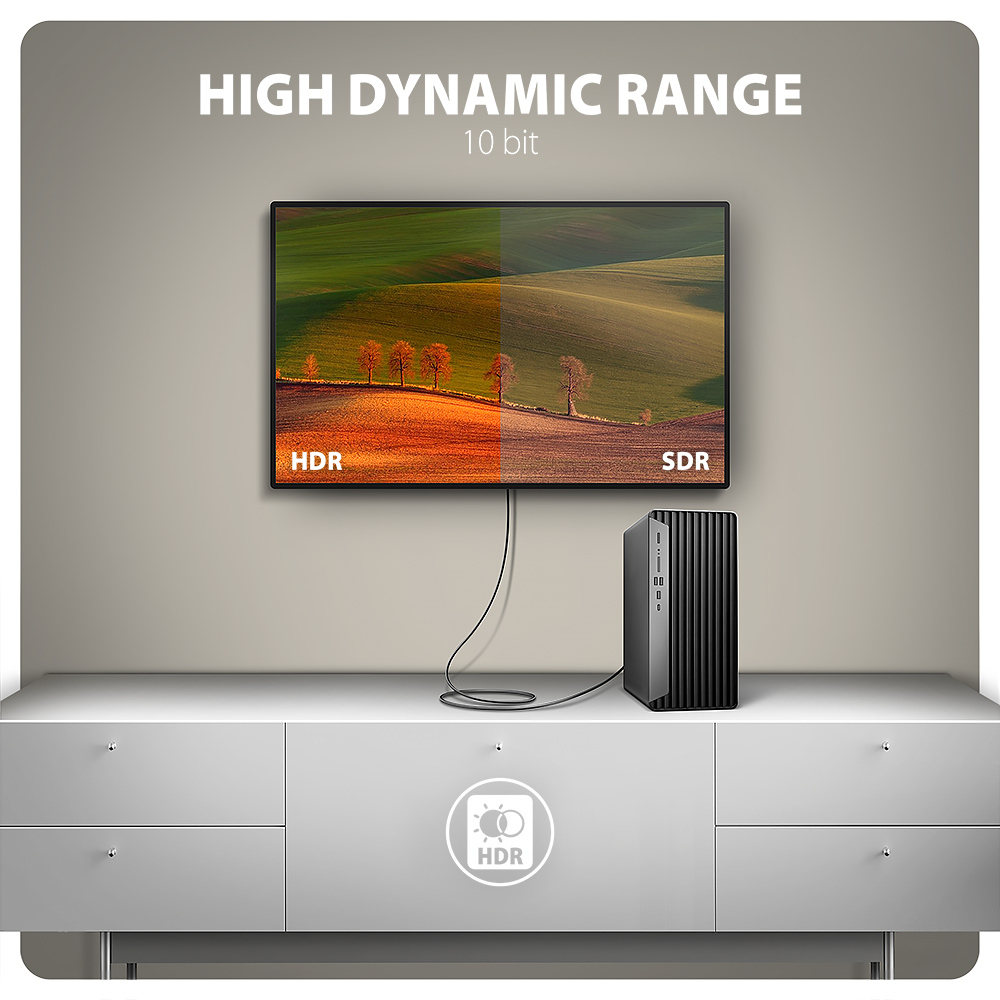 Ekran telewizora z drzewami i komputerem poniżej. Tekst wskazuje 'High Dynamic Range'.