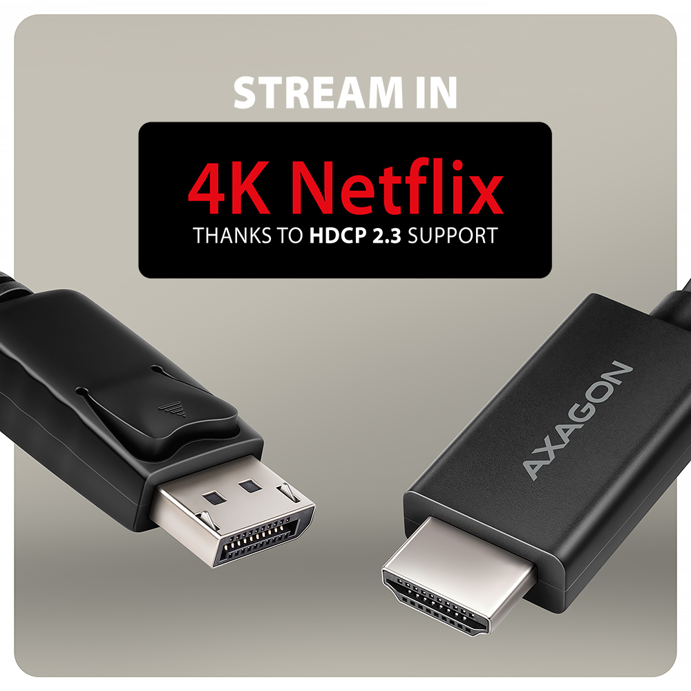Dwa kable: DisplayPort i HDMI. Tekst: 'Streamuj w 4K Netflix dzięki obsłudze HDCP 2.3'.