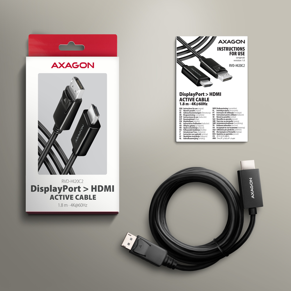 Aktywny kabel DisplayPort do HDMI w pudełku i kabel obok niego.