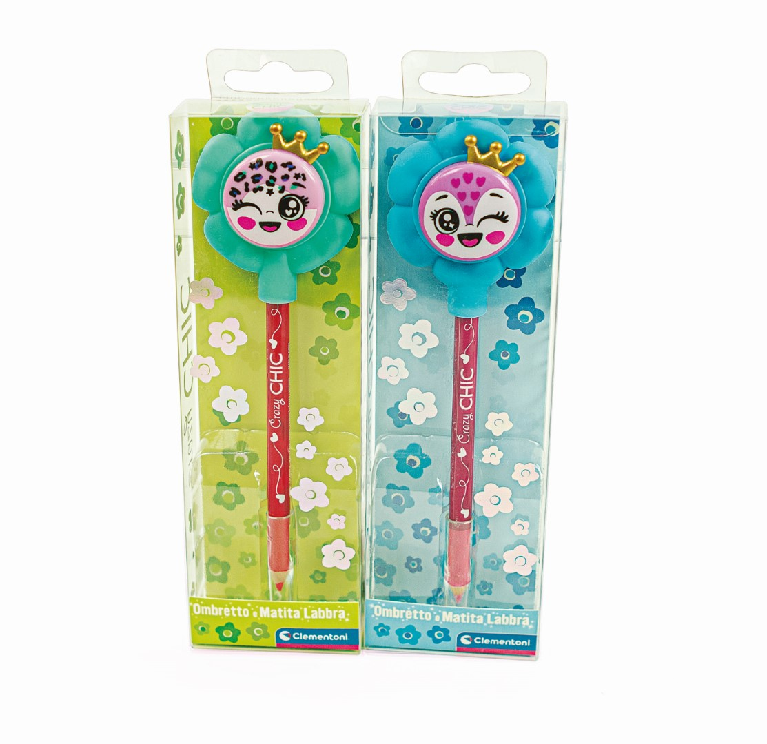 Dwa ołówki Crazy Chic w plastikowych pudełkach. Ołówki mają kwiatowy kształt.