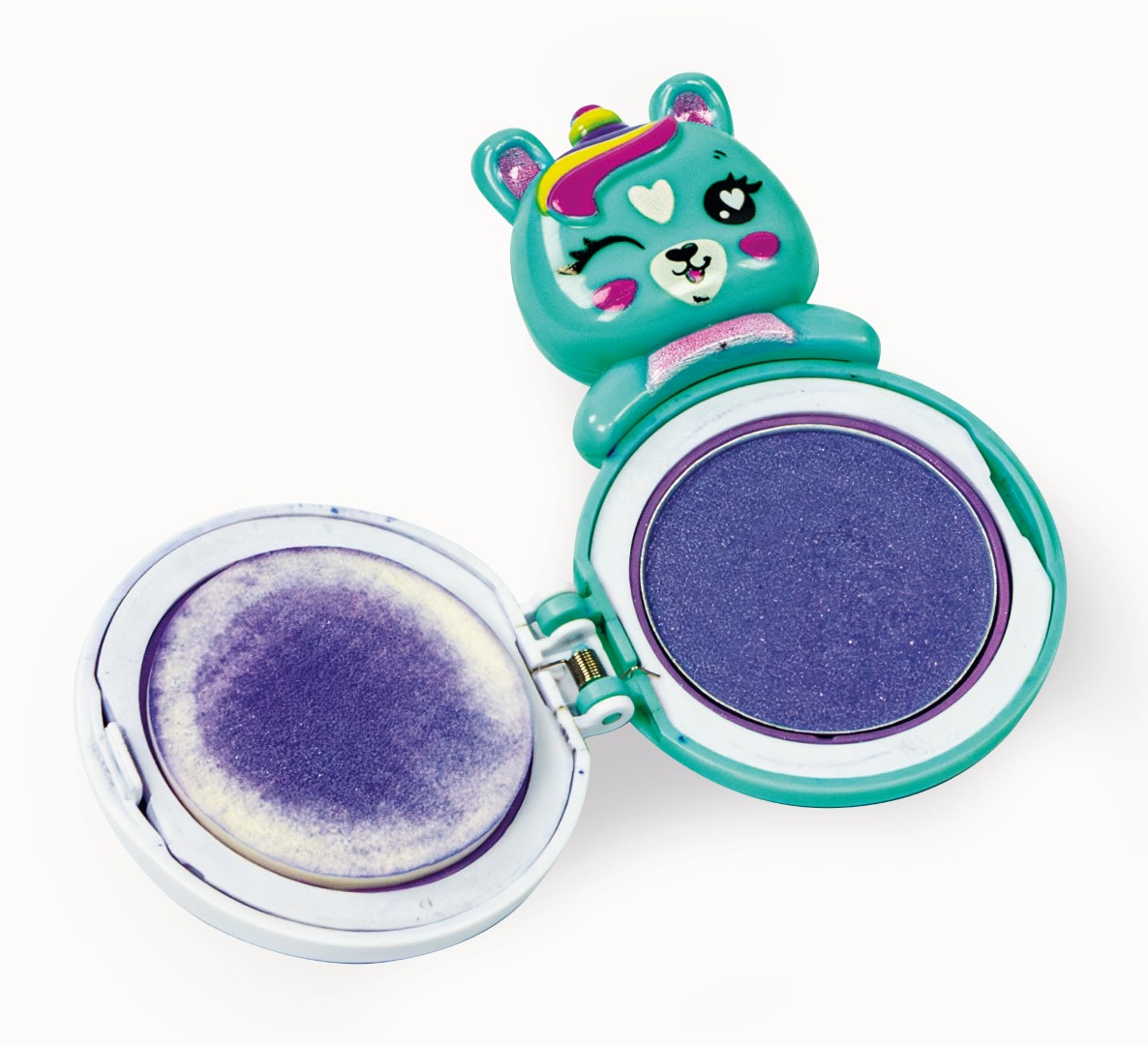 Kompaktowy zestaw do makijażu z fioletowym cieniem do powiek i aplikatorem. Kompakt w kształcie misia.