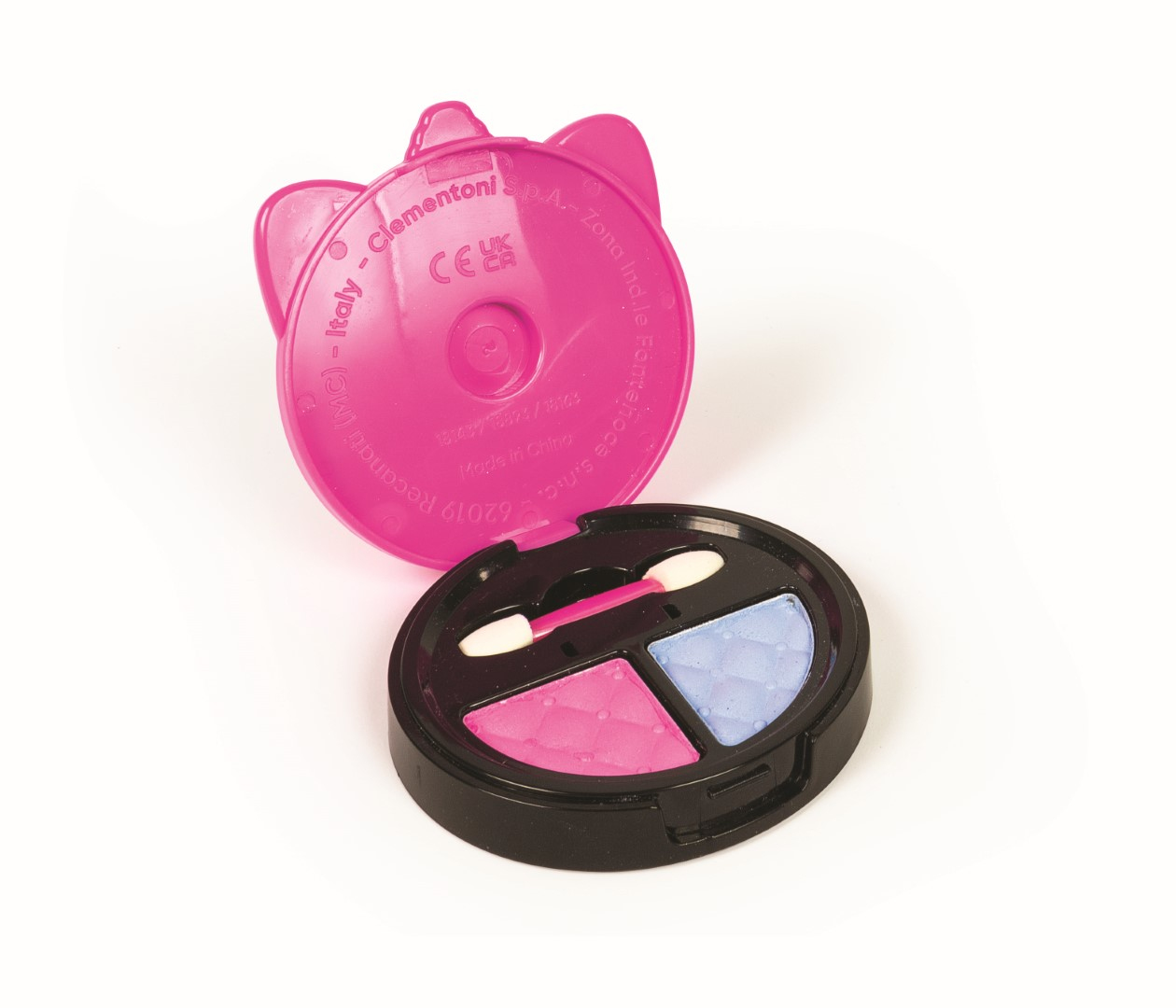 Ein rosa Make-up-Etui geöffnet, mit Lidschatten und Applikatoren im Inneren.