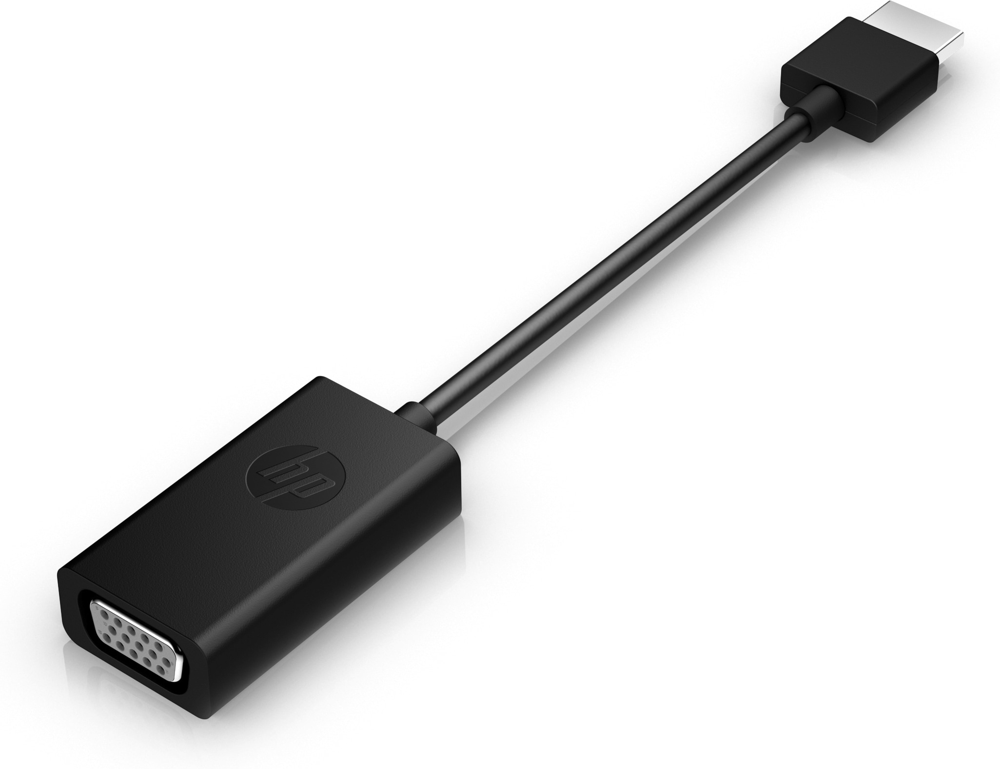 Adattatore HP nero con porta VGA e connettore HDMI. Sfondo bianco.