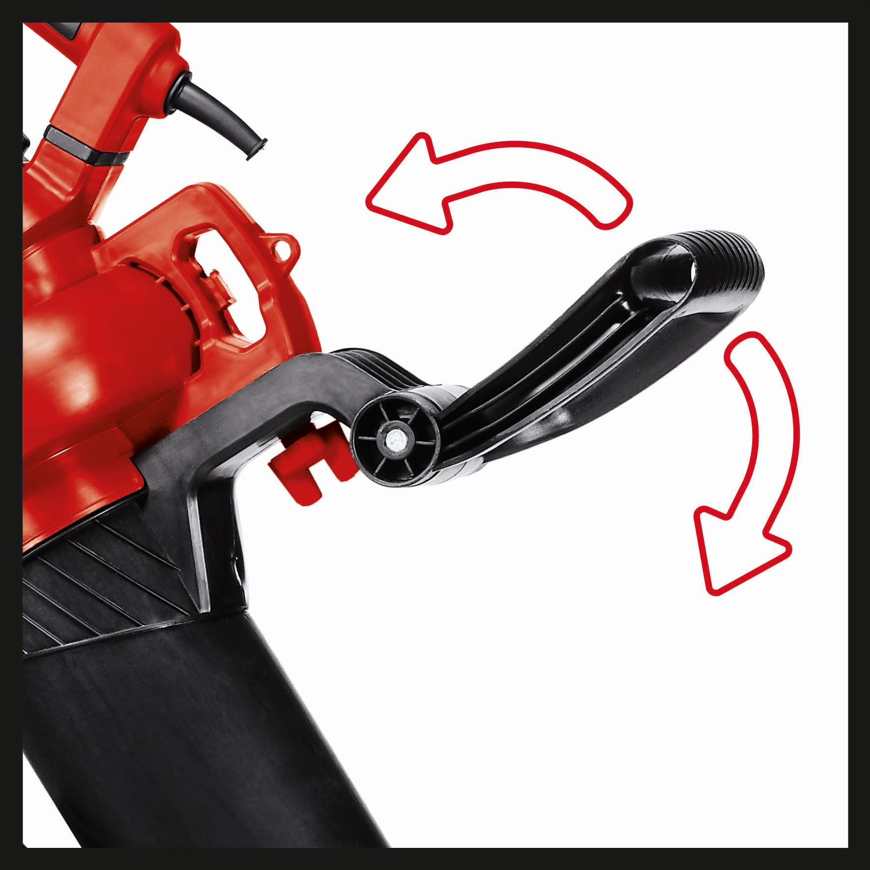 Close-up of the handle of a red leaf blower with red arrows indicating the direction of movement.