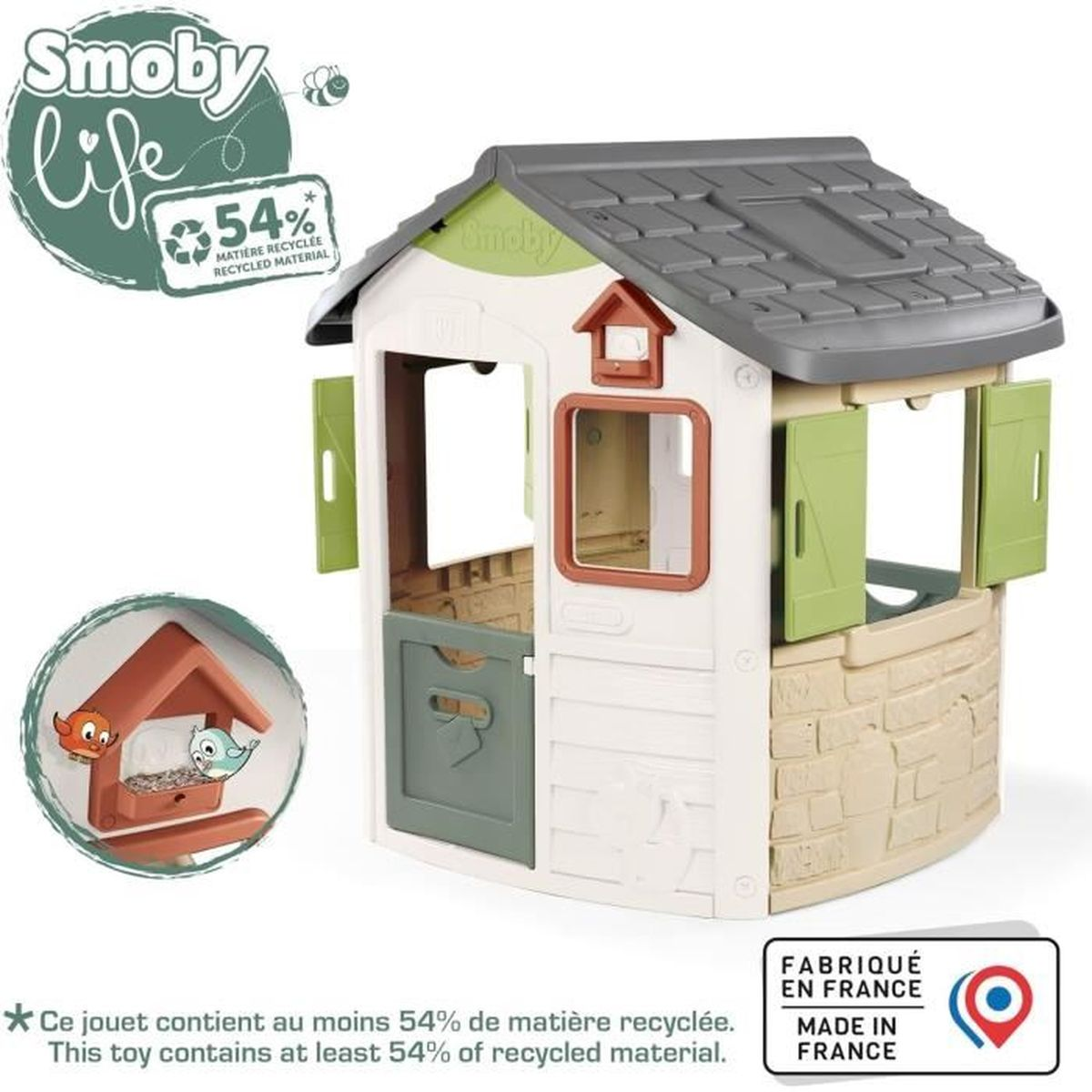 Casita Smoby con techo y dos niños jugando. 54% material reciclado.