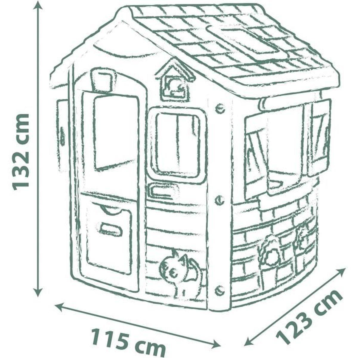 Dibujo lineal de una casita con dimensiones: 132 cm de alto, 115 cm de ancho y 123 cm de profundidad.