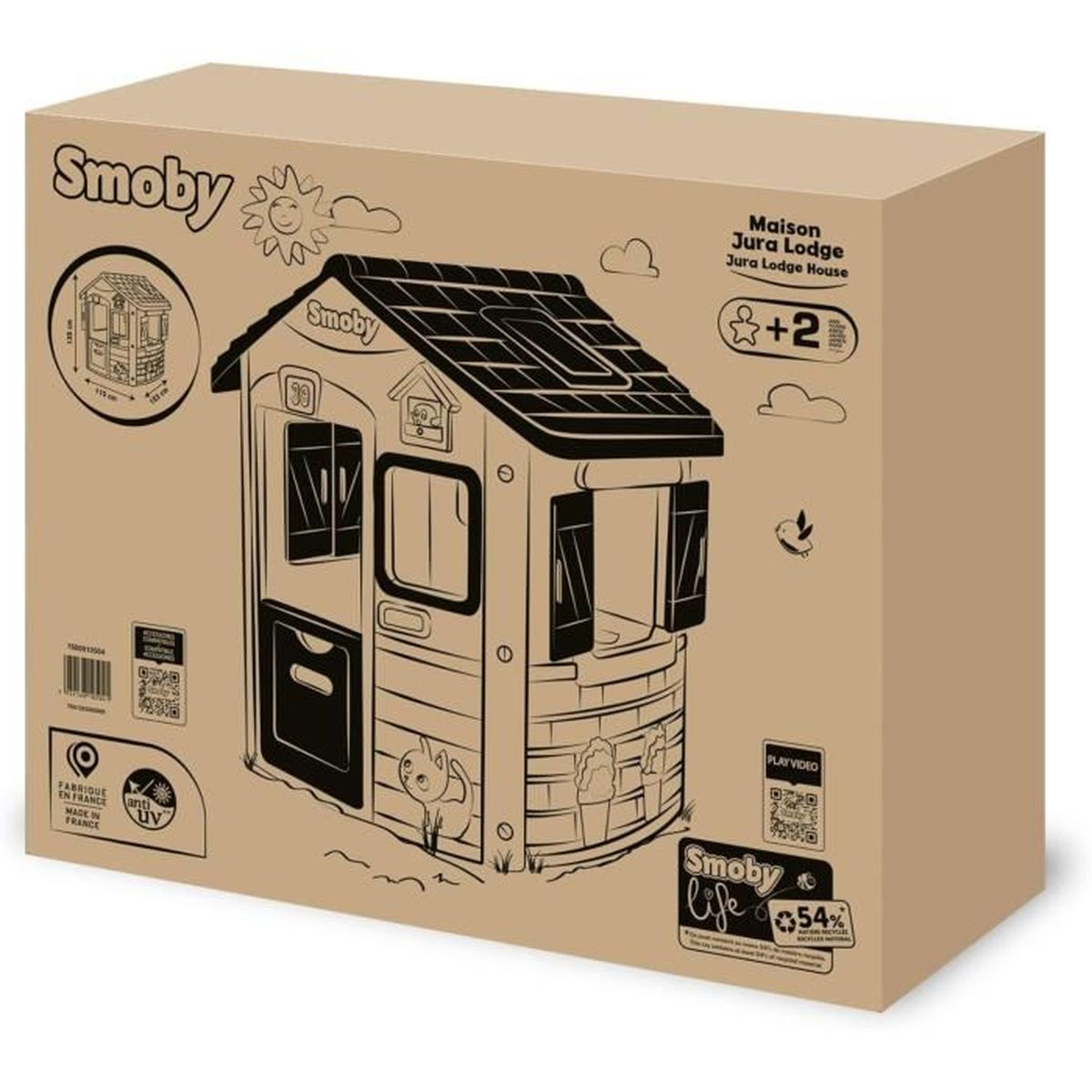 Caja de cartón con una ilustración de una casita, un sol y texto. Dice 'Smoby' y 'Jura Lodge House'.