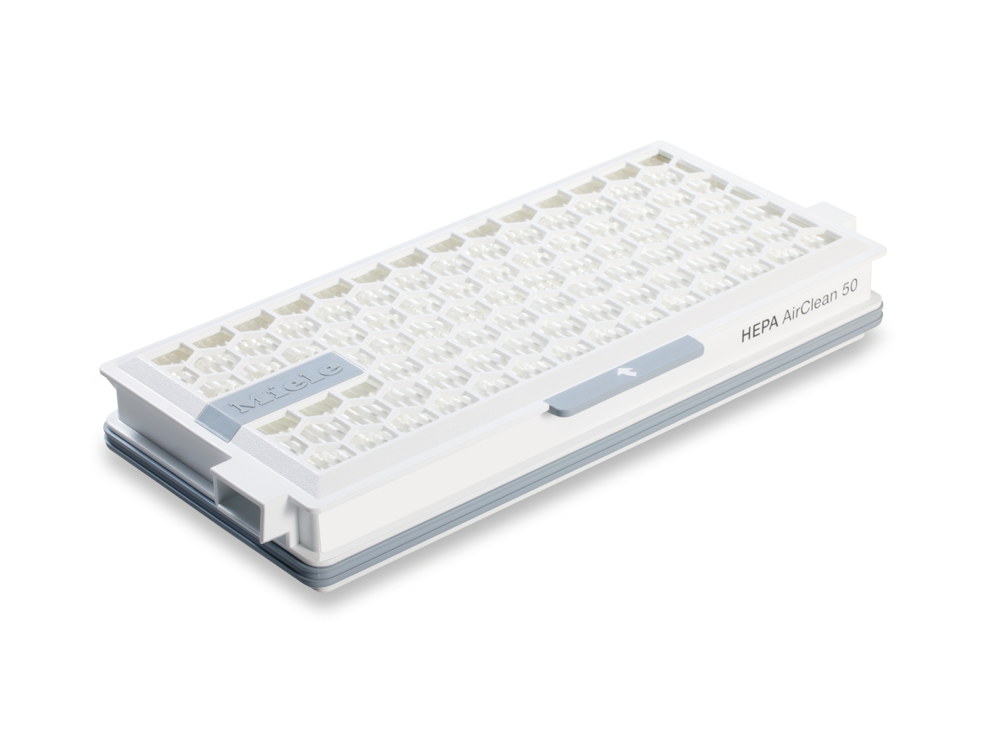 Biały filtr HEPA AirClean 50 z wzorem plastra miodu i szarymi akcentami.