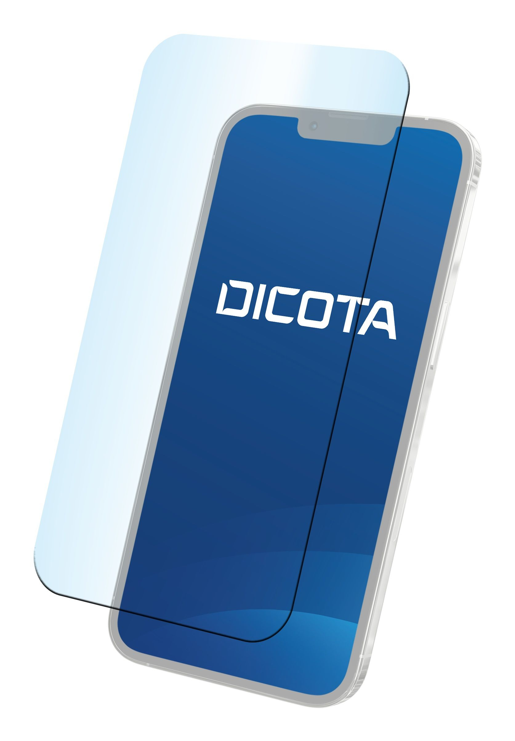 Telefono con protezione schermo. Schermo blu mostra DICOTA. Protezione trasparente sul telefono.