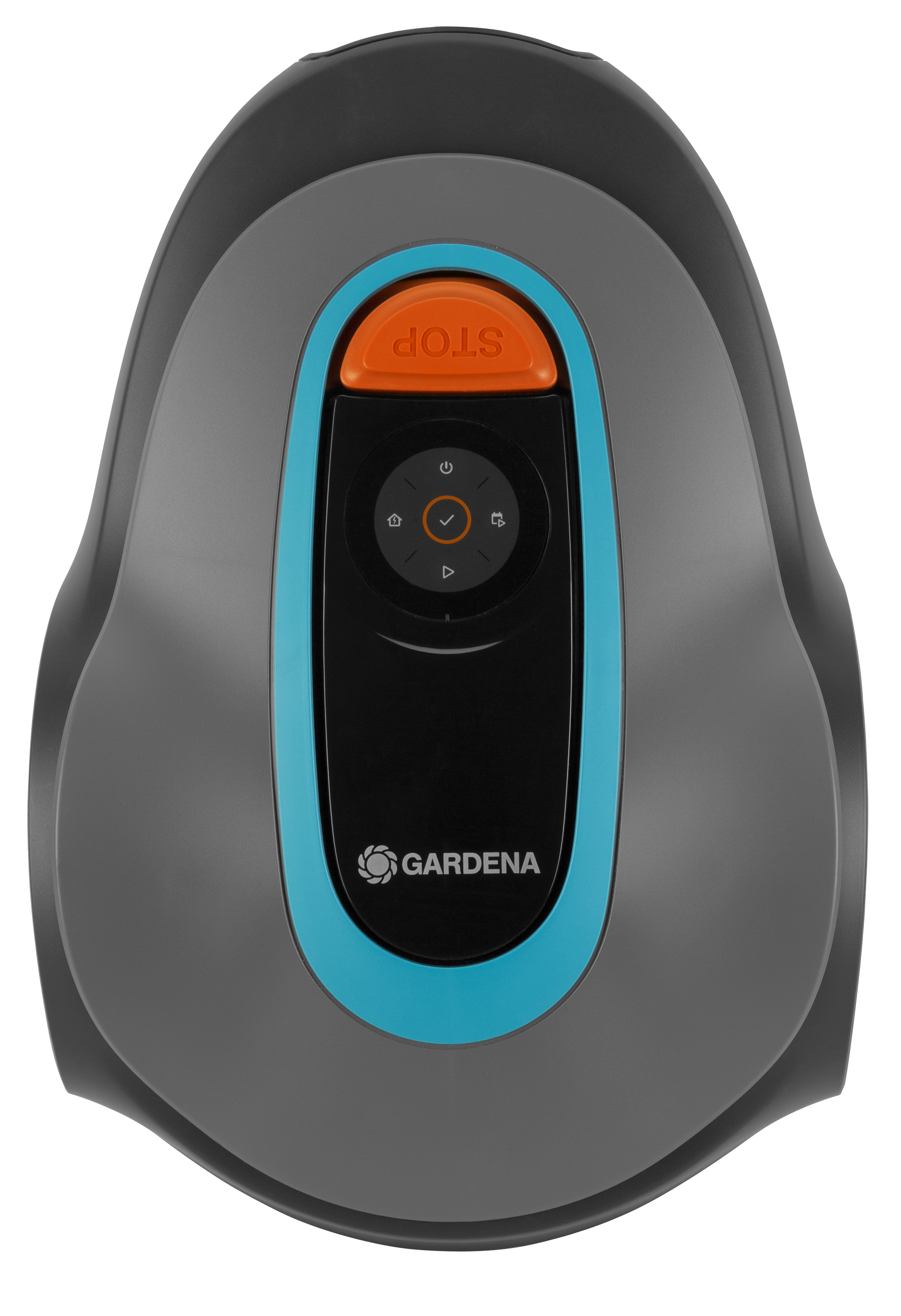 Un cortacésped robótico, vista superior. Gris y azul, con un botón de parada naranja.