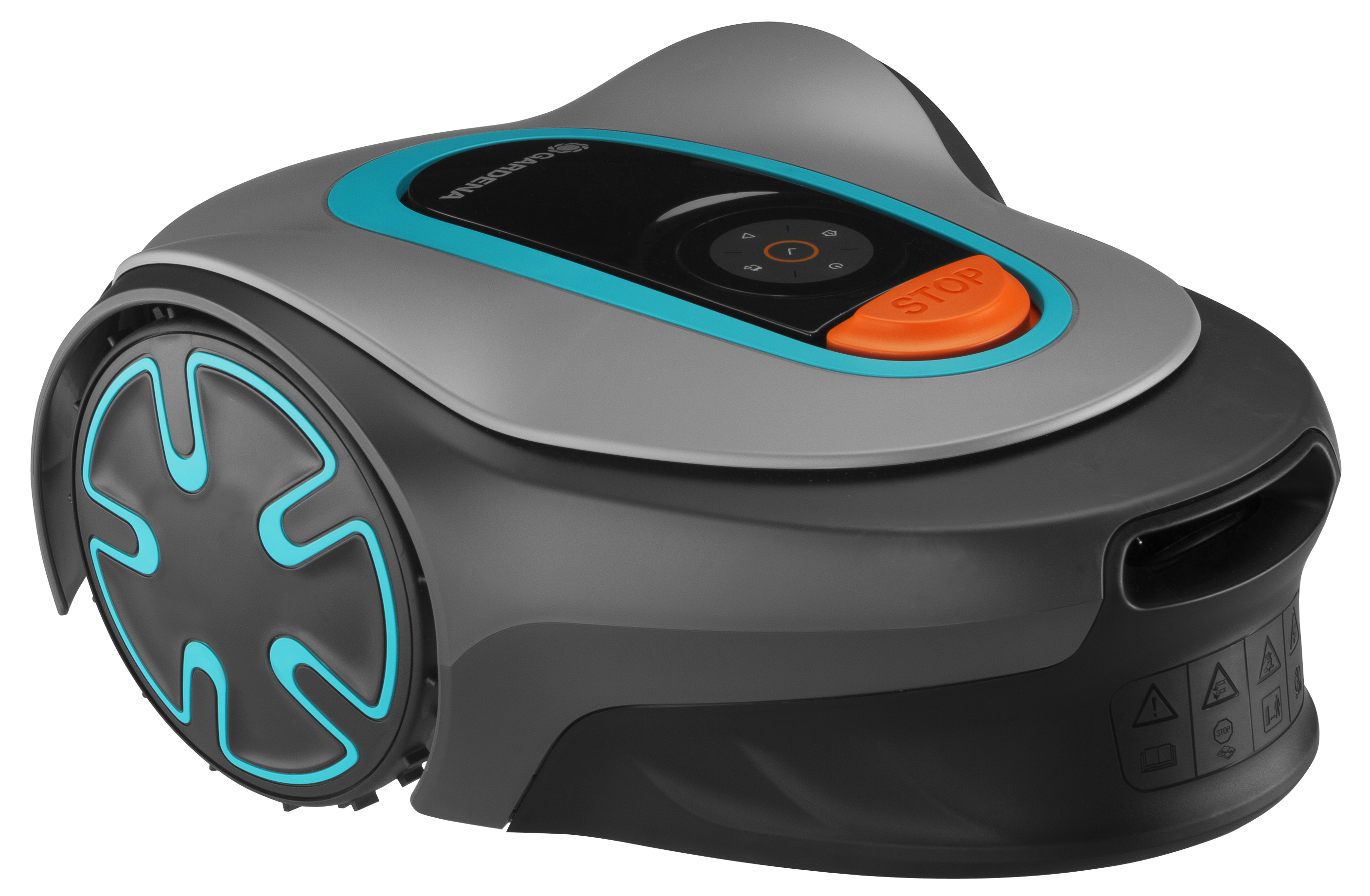 Un cortacésped robótico con cuerpo gris y negro, botón de parada naranja y detalles azules.