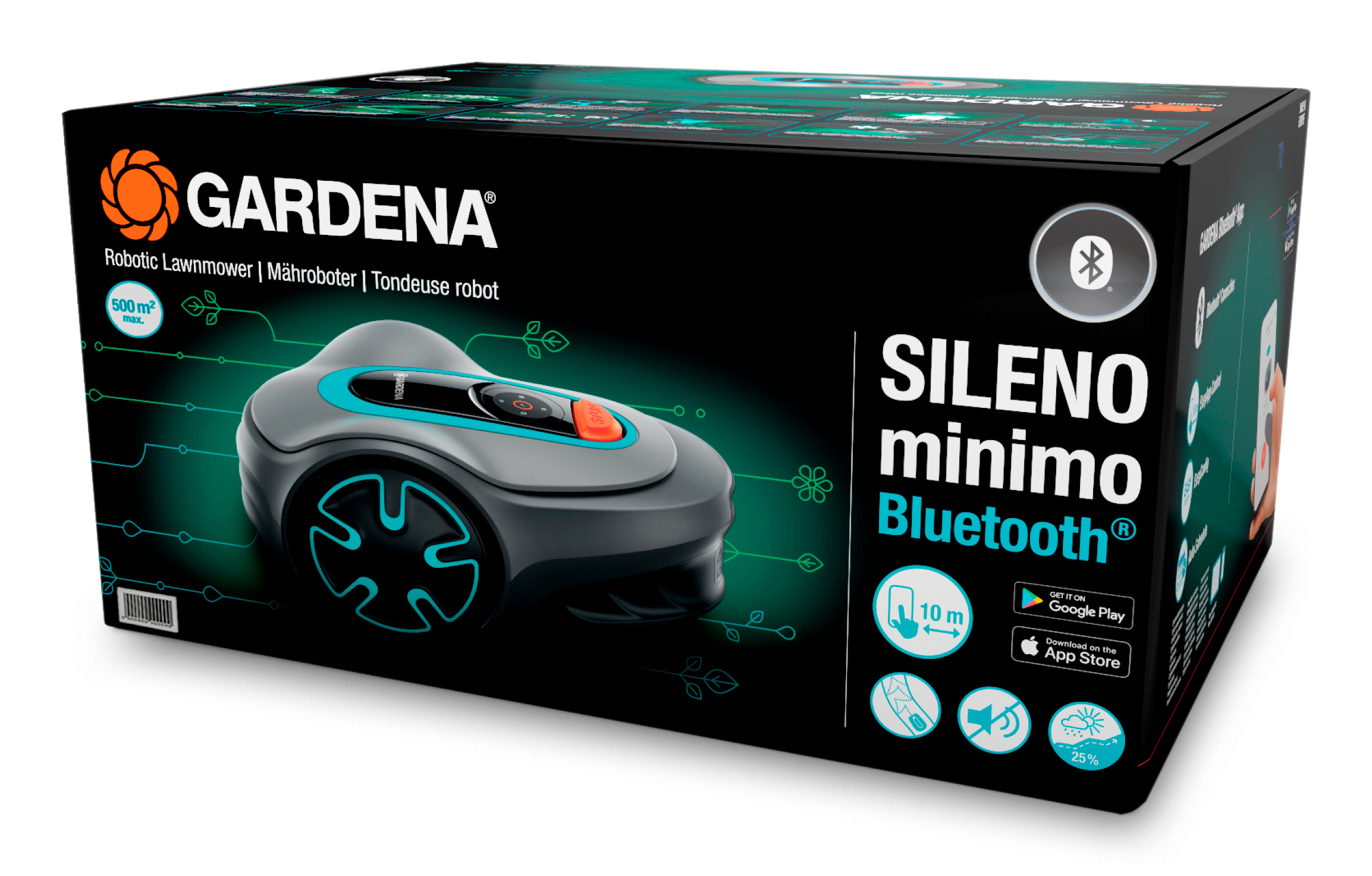 Una caja negra con un cortacésped robótico e información del producto impresa.