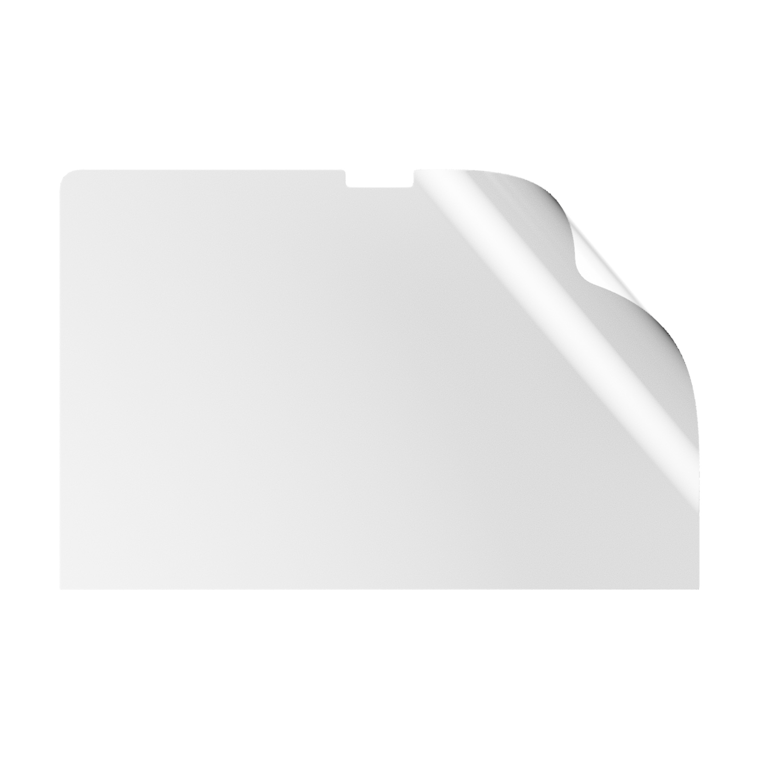 Un protector de pantalla blanco con una esquina despegada, aislado sobre fondo blanco.