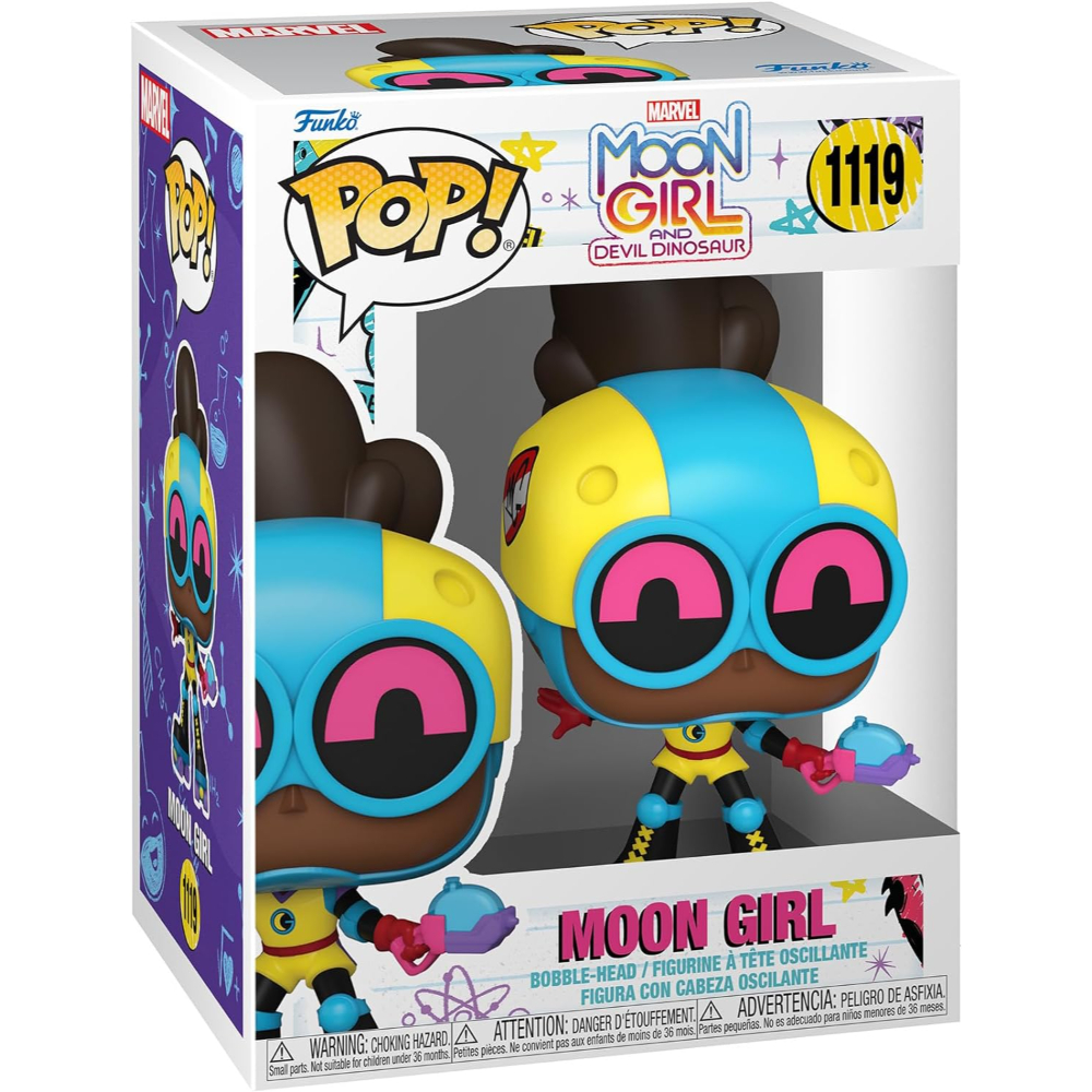 Pudełko Funko Pop z figurką Moon Girl, kolorowy design, styl komiksowy.