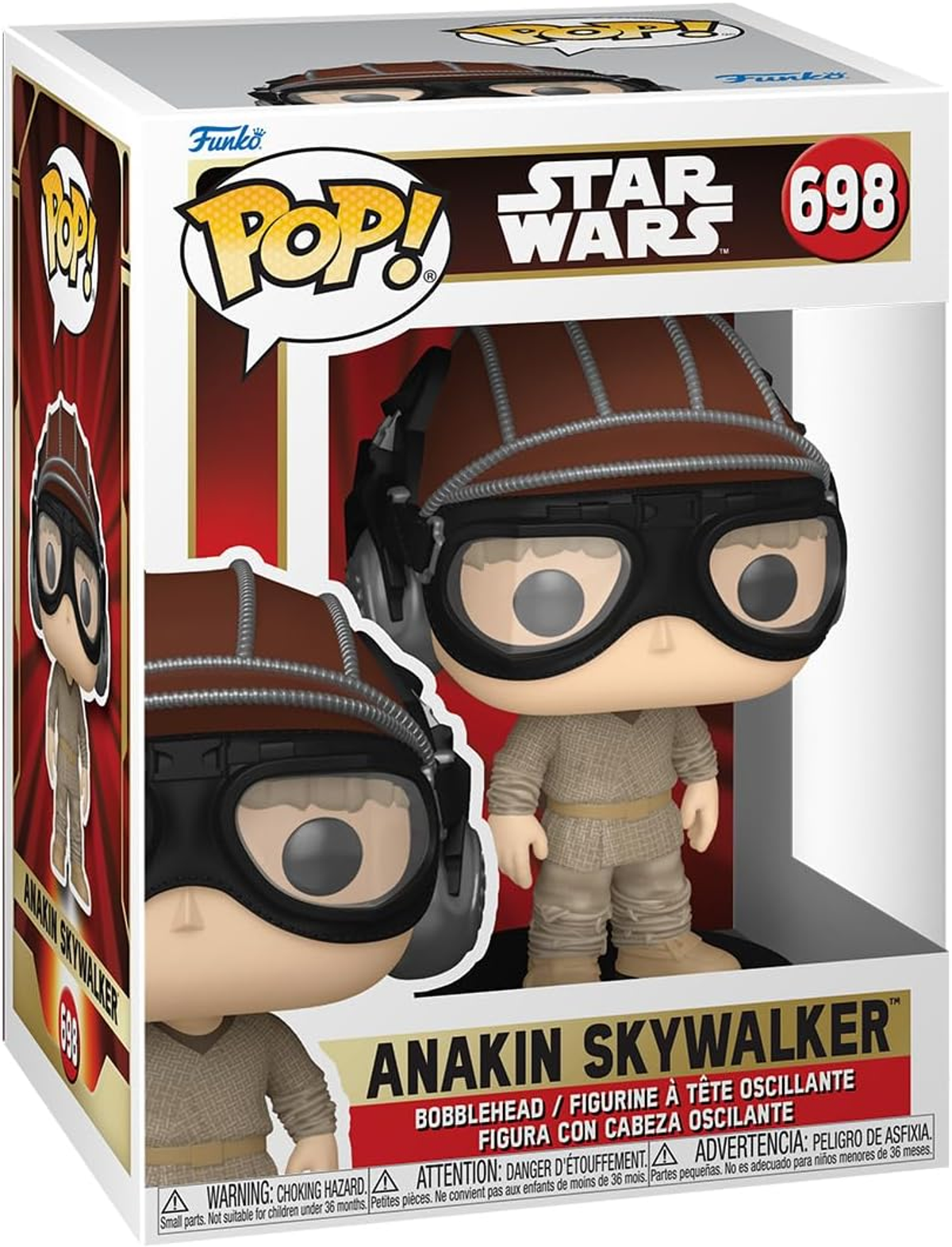 Figurka Funko Pop! Anakina Skywalkera w pudełku. Figurka to bobblehead. Pudełko jest czerwono-białe.