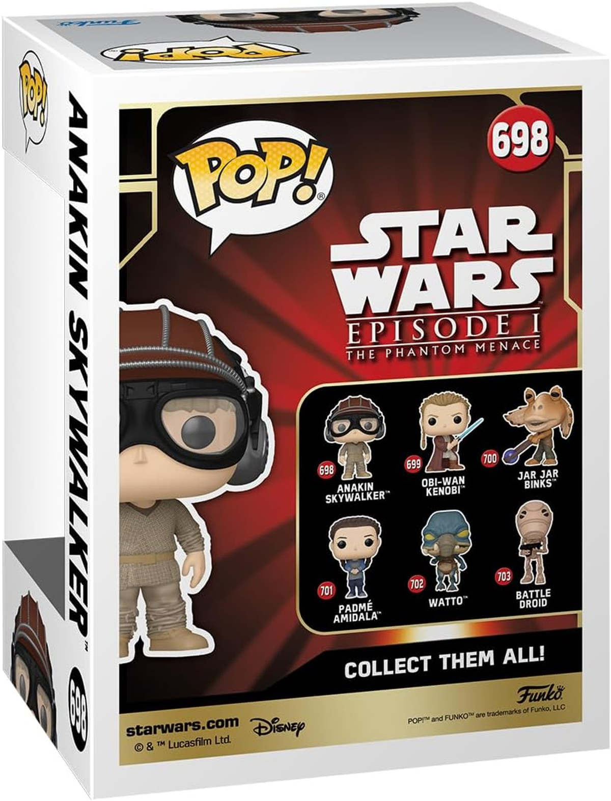 Tył pudełka Funko Pop! pokazujący różne figurki Star Wars. Pudełko jest głównie czerwone i białe.