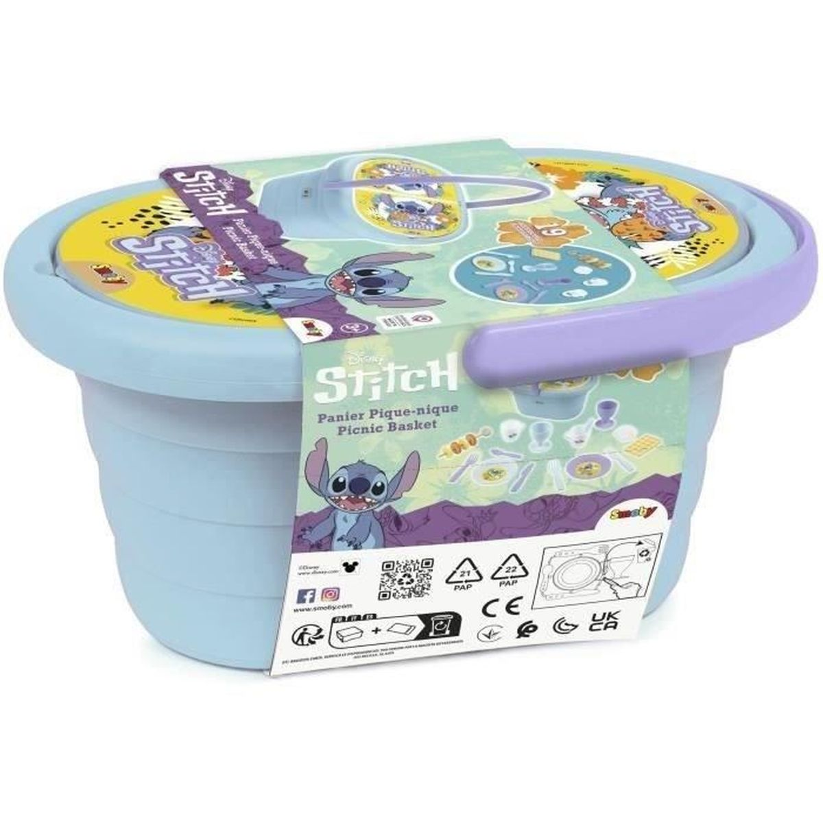 Niebieski plastikowy kosz piknikowy Stitch z pokrywką. Zawiera zabawki i naklejki o tematyce piknikowej.