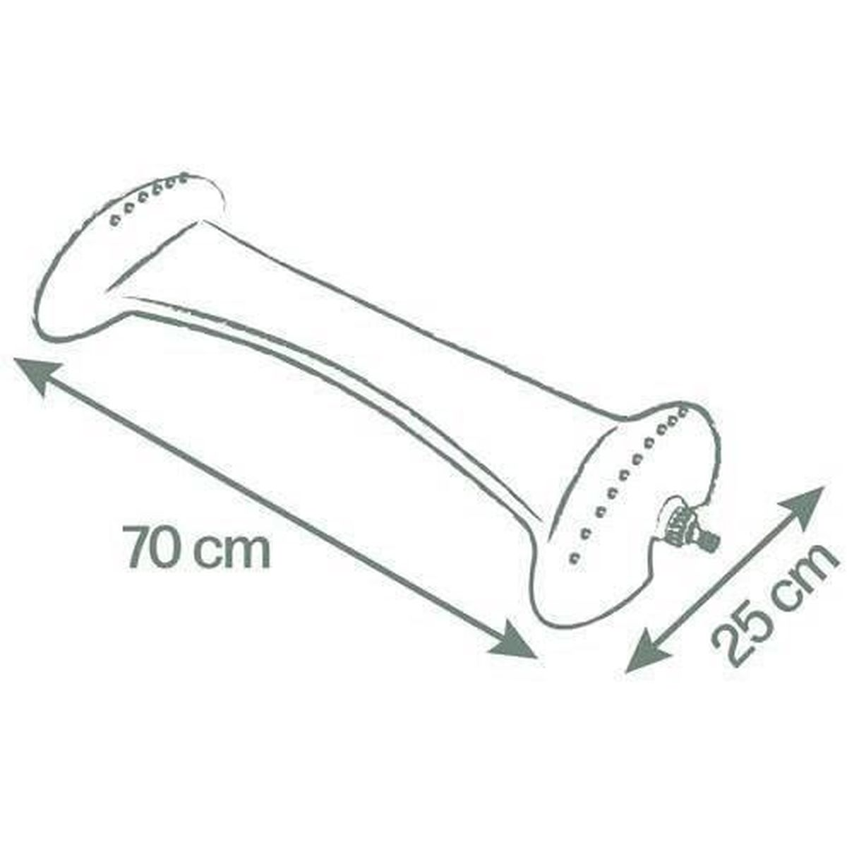 Rysunek liniowy zakrzywionego nadmuchiwanego przedmiotu z wymiarami: 70 cm i 25 cm.