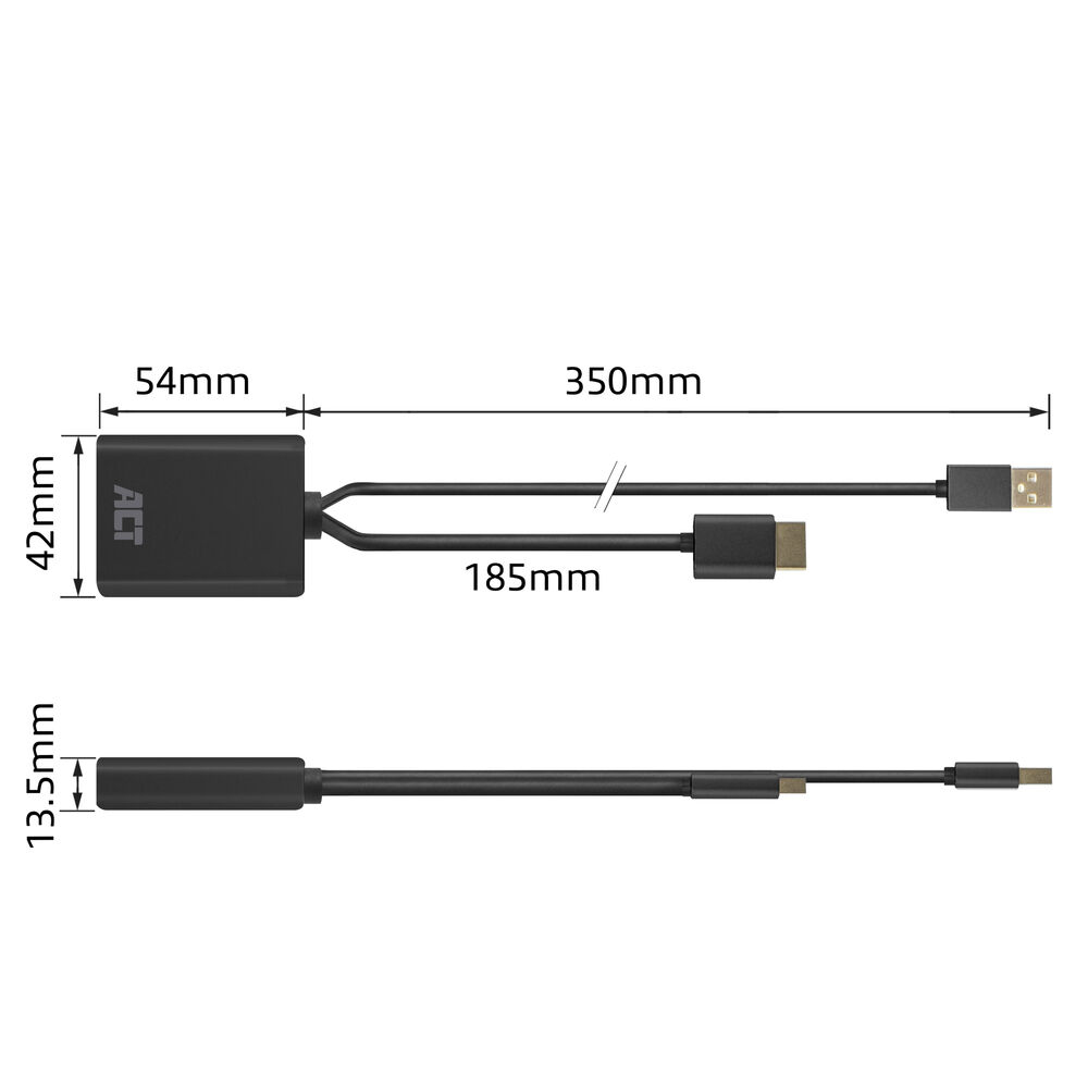 Adaptador con dimensiones, mostrando un conector HDMI a USB y HDMI.