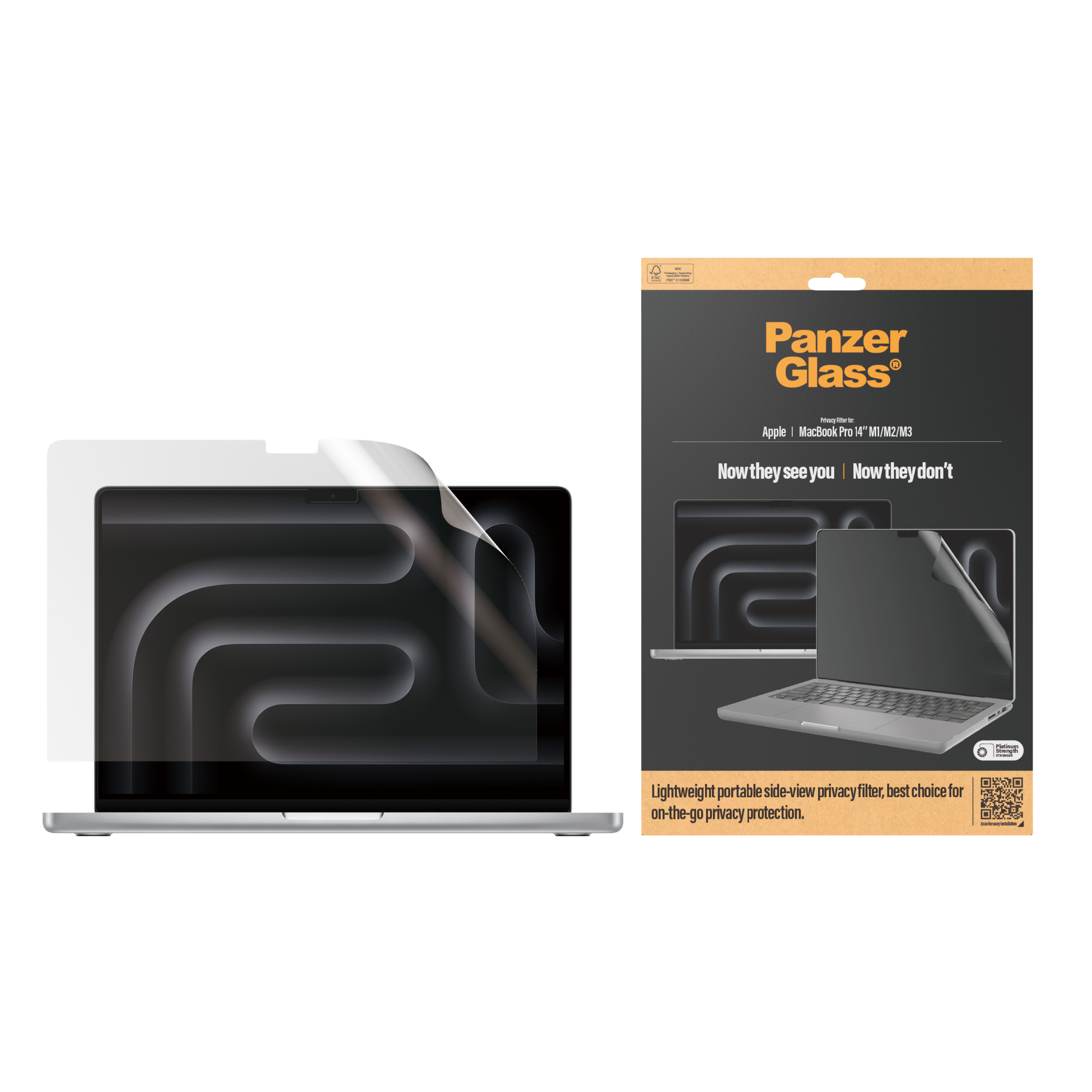 Un portátil con protector de pantalla y una caja. La pantalla muestra líneas. La caja tiene una imagen de portátil.
