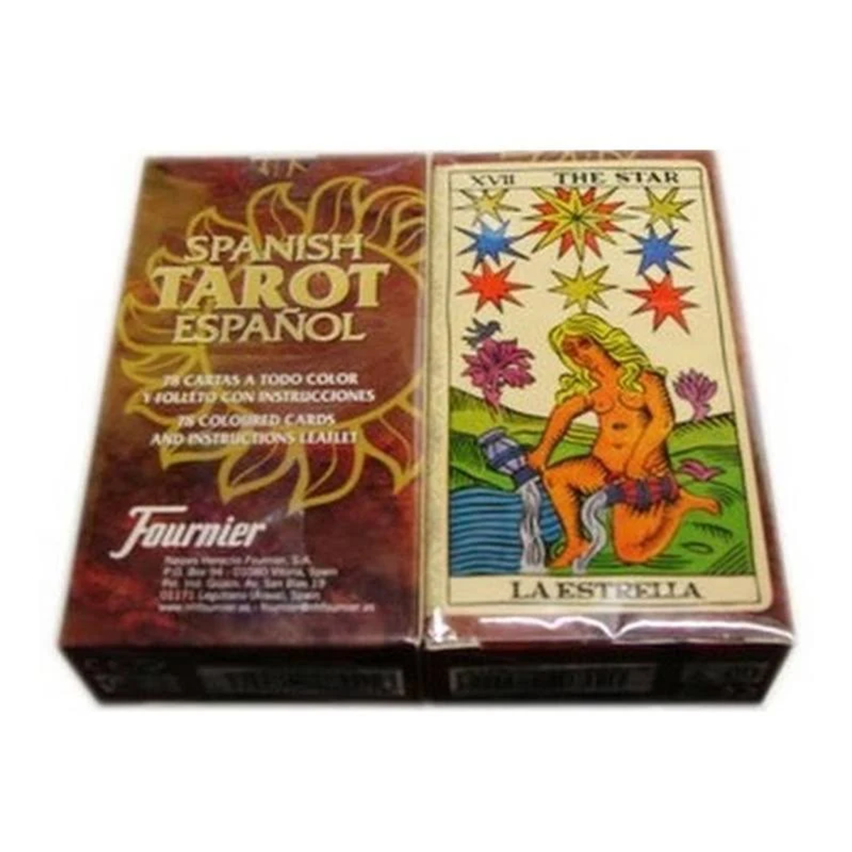 Una caja de cartas del Tarot español y una carta que muestra a una mujer con un jarrón y estrellas. El texto está en español.