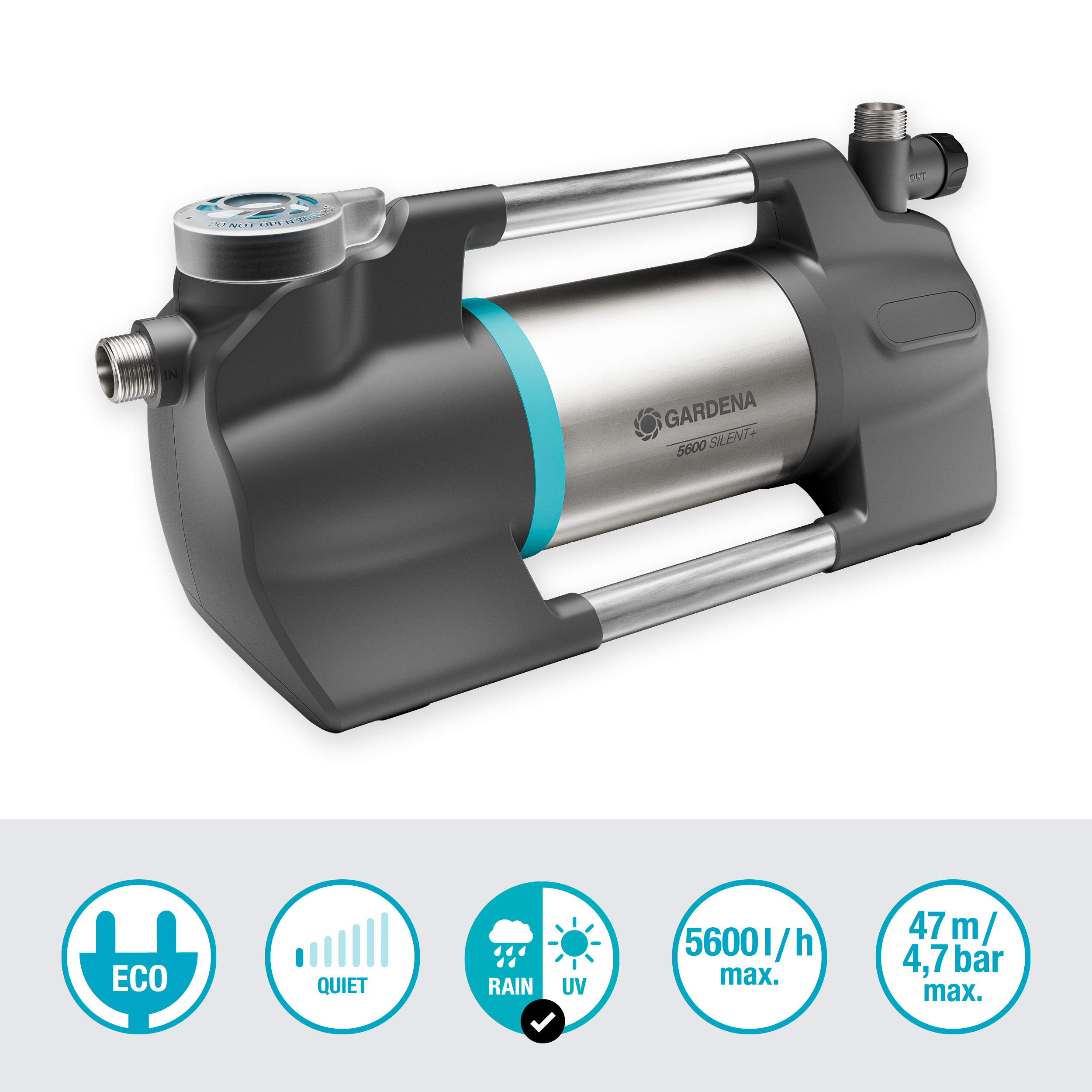 Szara i czarna pompa wodna z uchwytem. Tło jest białe, z ikonami poniżej.