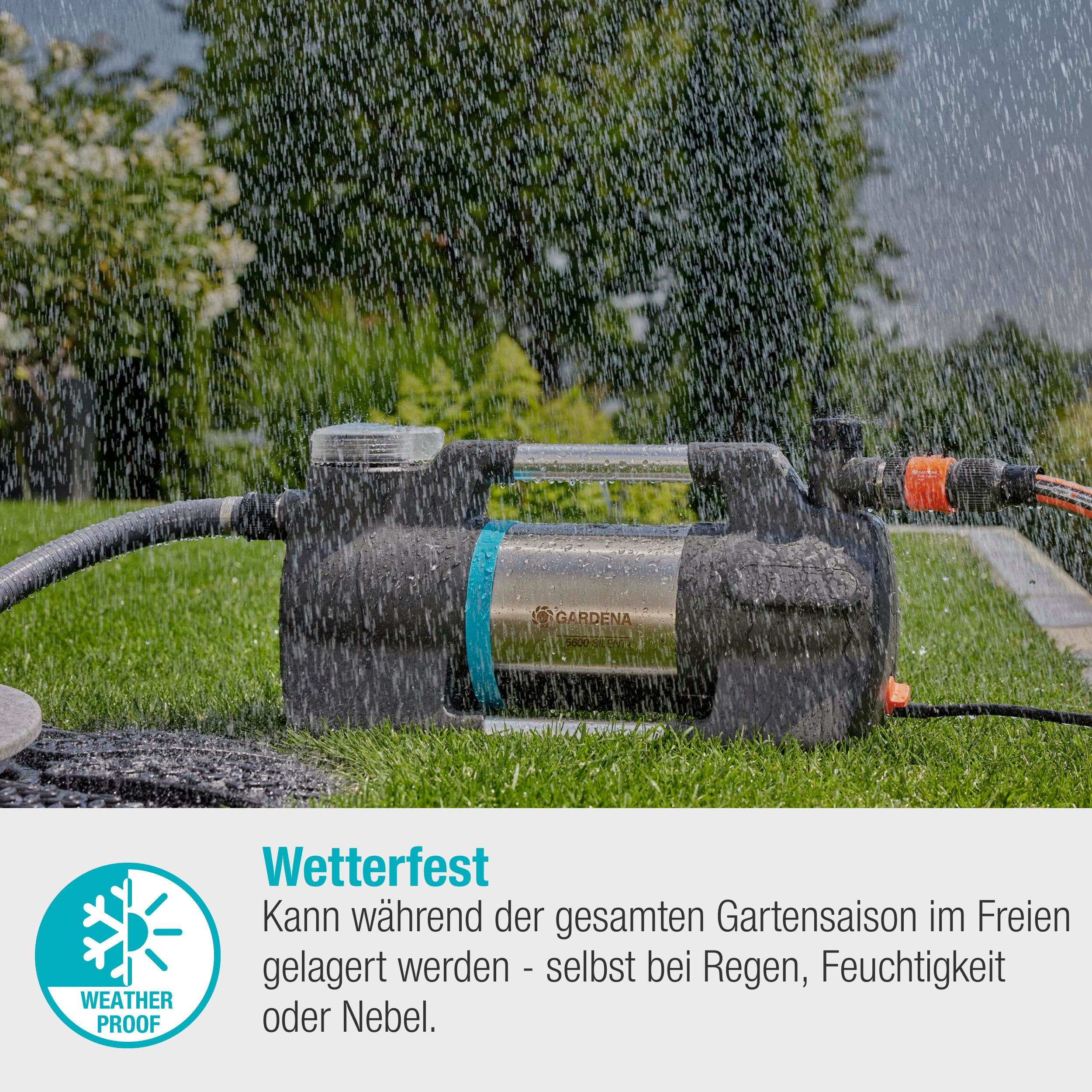 Czarna pompa wodna na zielonym trawniku z kroplami wody. Tekst: "WEATHER PROOF". Tło to rozmyty ogród.