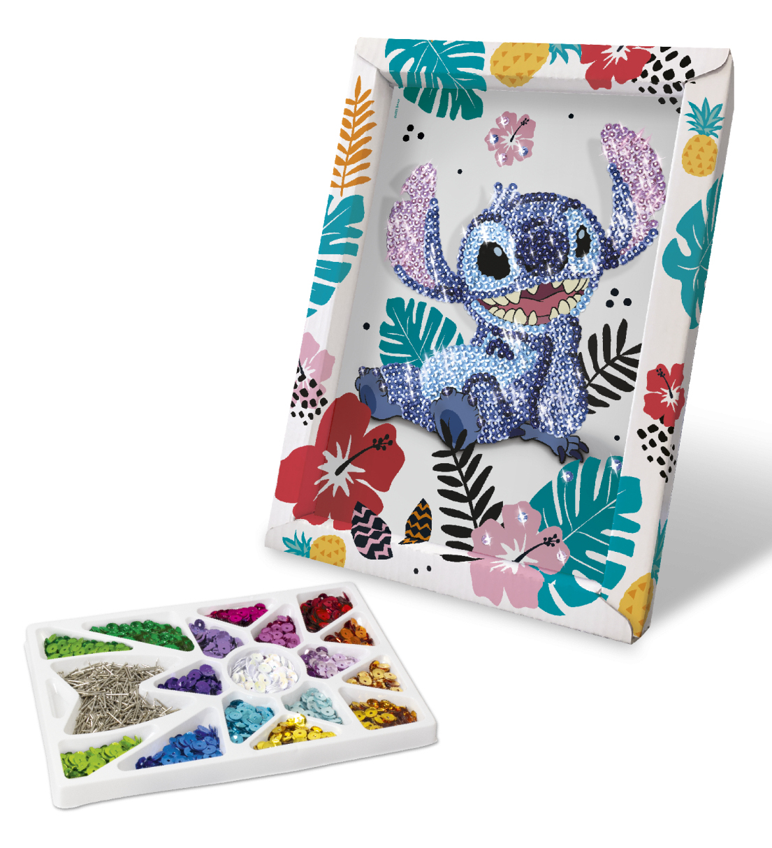 Pudełko z figurką 3D Stitch, cekinami i kwiatami, zestaw do majsterkowania.