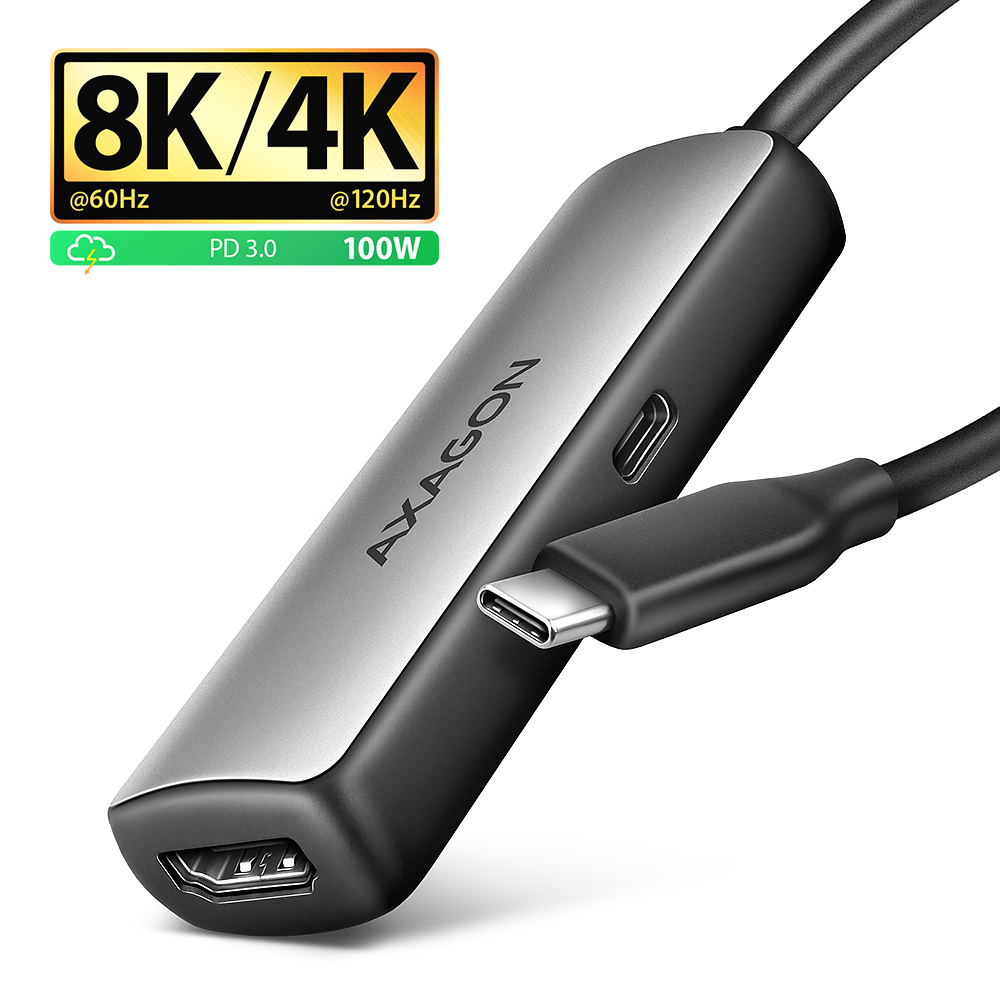 Adapter Axagon USB-C do HDMI. Srebrno-czarne urządzenie z dołączonym kablem.