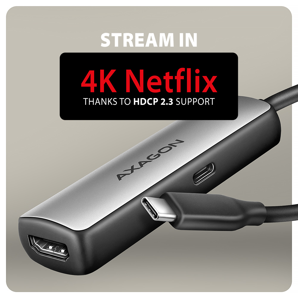 Srebrny adapter Axagon z czarnym kablem, wyświetlający obsługę 4K Netflix.