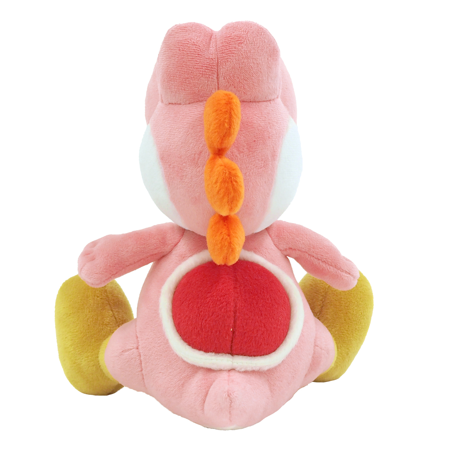 Peluche di Yoshi rosa, vista posteriore. Conchiglia rossa, spine arancioni, scarpe gialle, sfondo bianco.
