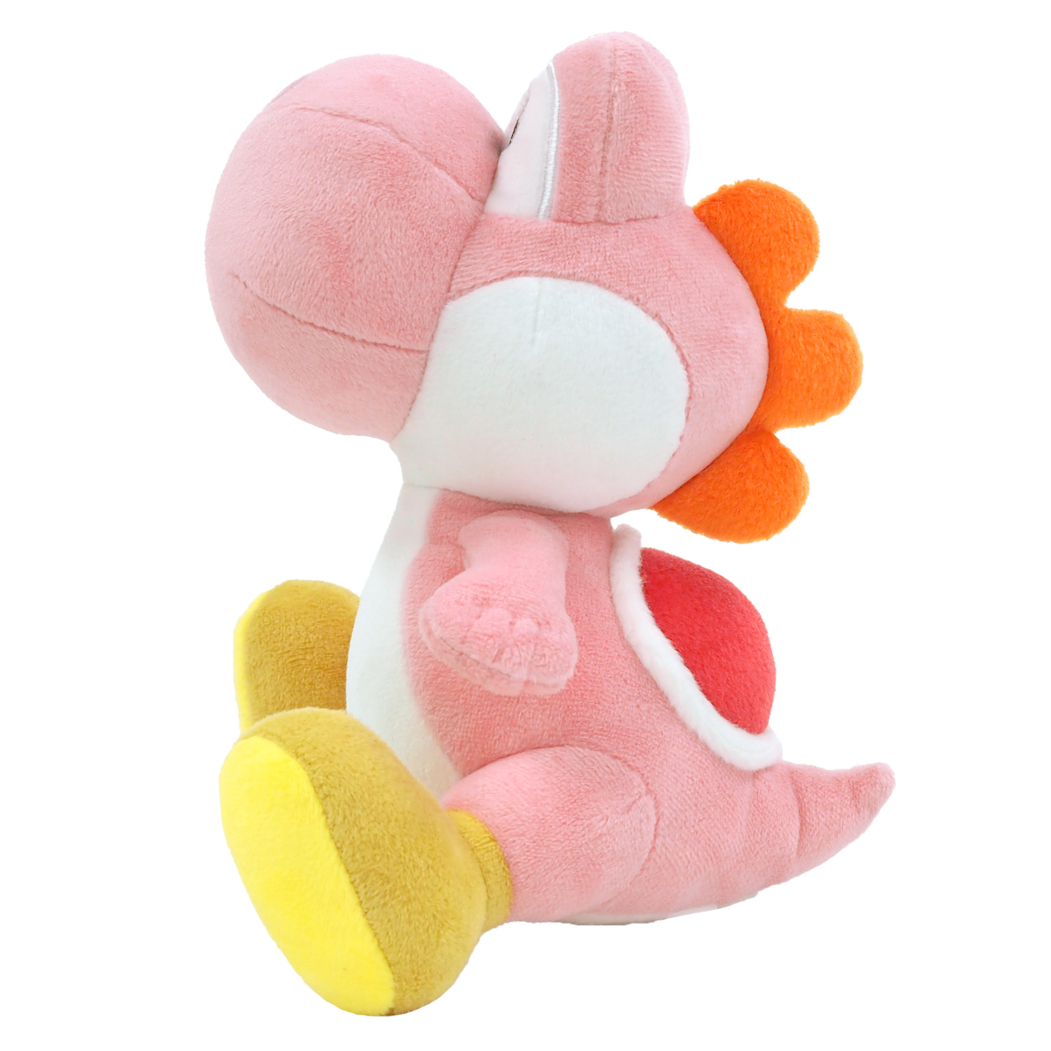Peluche di Yoshi rosa, vista laterale. Conchiglia rossa, spine arancioni, scarpe gialle. Sfondo bianco.