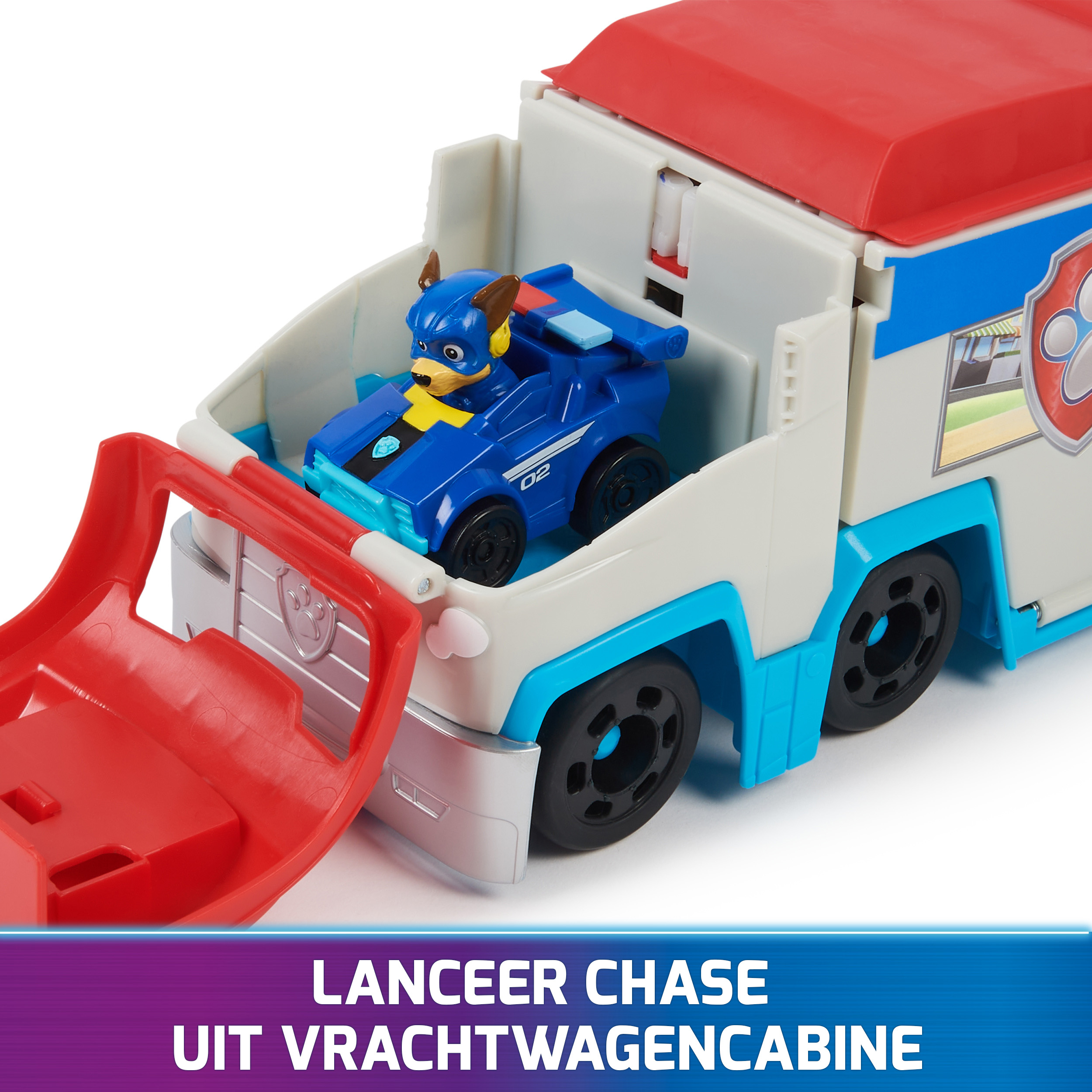 Camión Paw Patrol Pup Squad Paw Patroller y mini coche de Chase. Coche de Chase adentro. Azul, blanco, rojo.