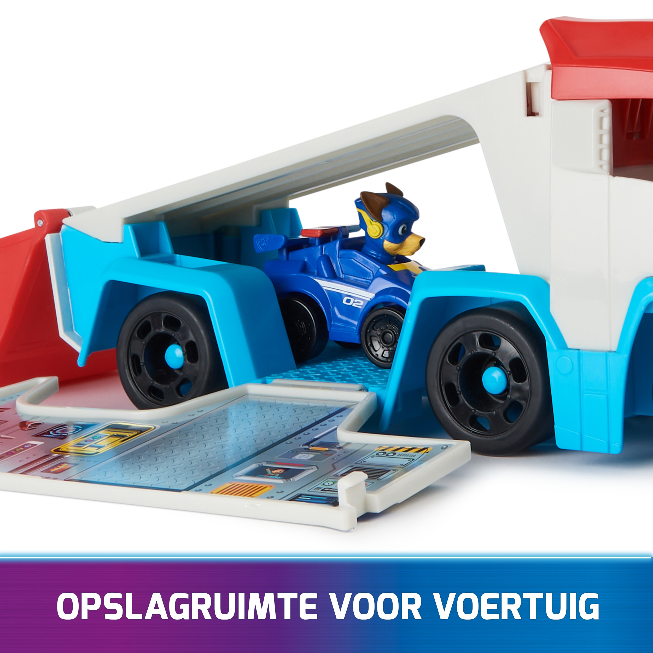 Un camión de juguete de Paw Patrol con un coche dentro, en un entorno azul y rojo. Texto: espacio de almacenamiento.