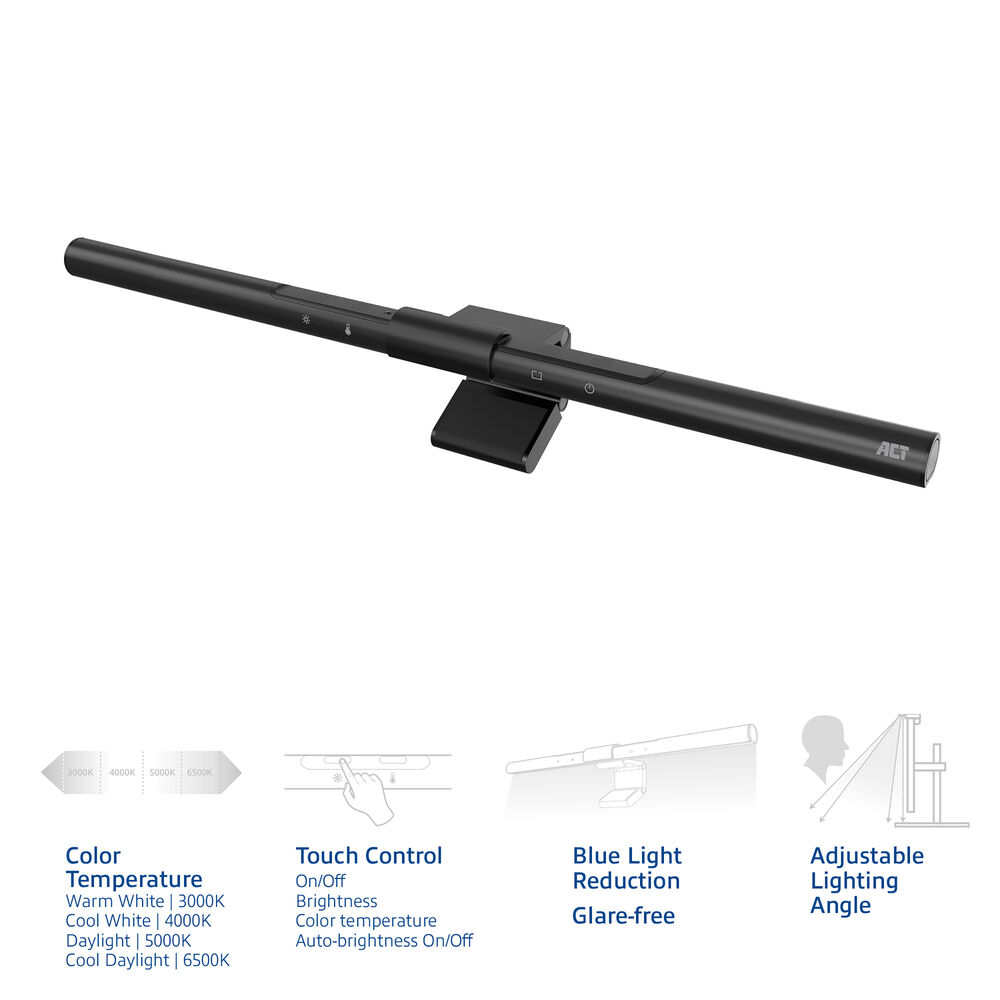 Black LED light bar, features shown: color temp, touch control, blue light reduction. White background.