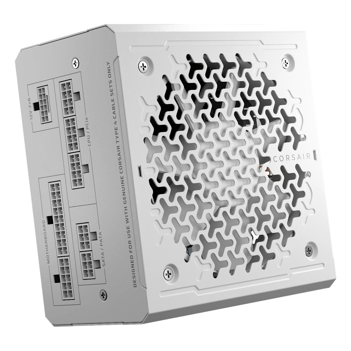 Biały zasilacz Corsair RM850e, widok z tyłu. Widoczne porty, wentylator i etykieta bezpieczeństwa.