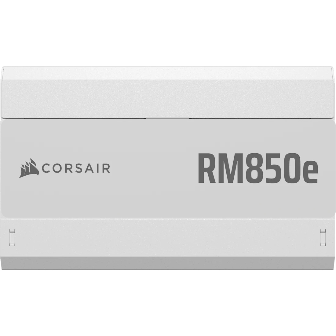 Biały zasilacz Corsair RM850e. Tekst: CORSAIR RM850e.