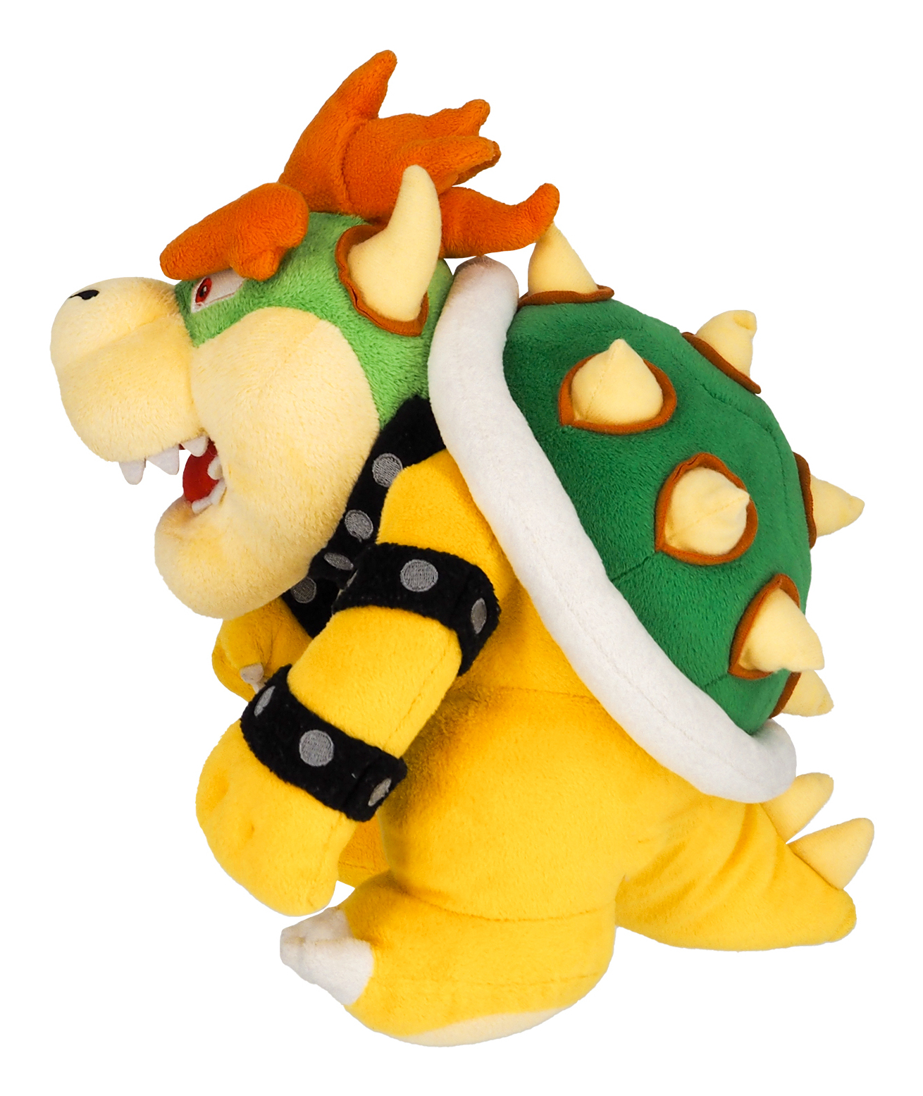 Peluche di Bowser. Guscio verde, corpo giallo, capelli arancioni e polsini neri.