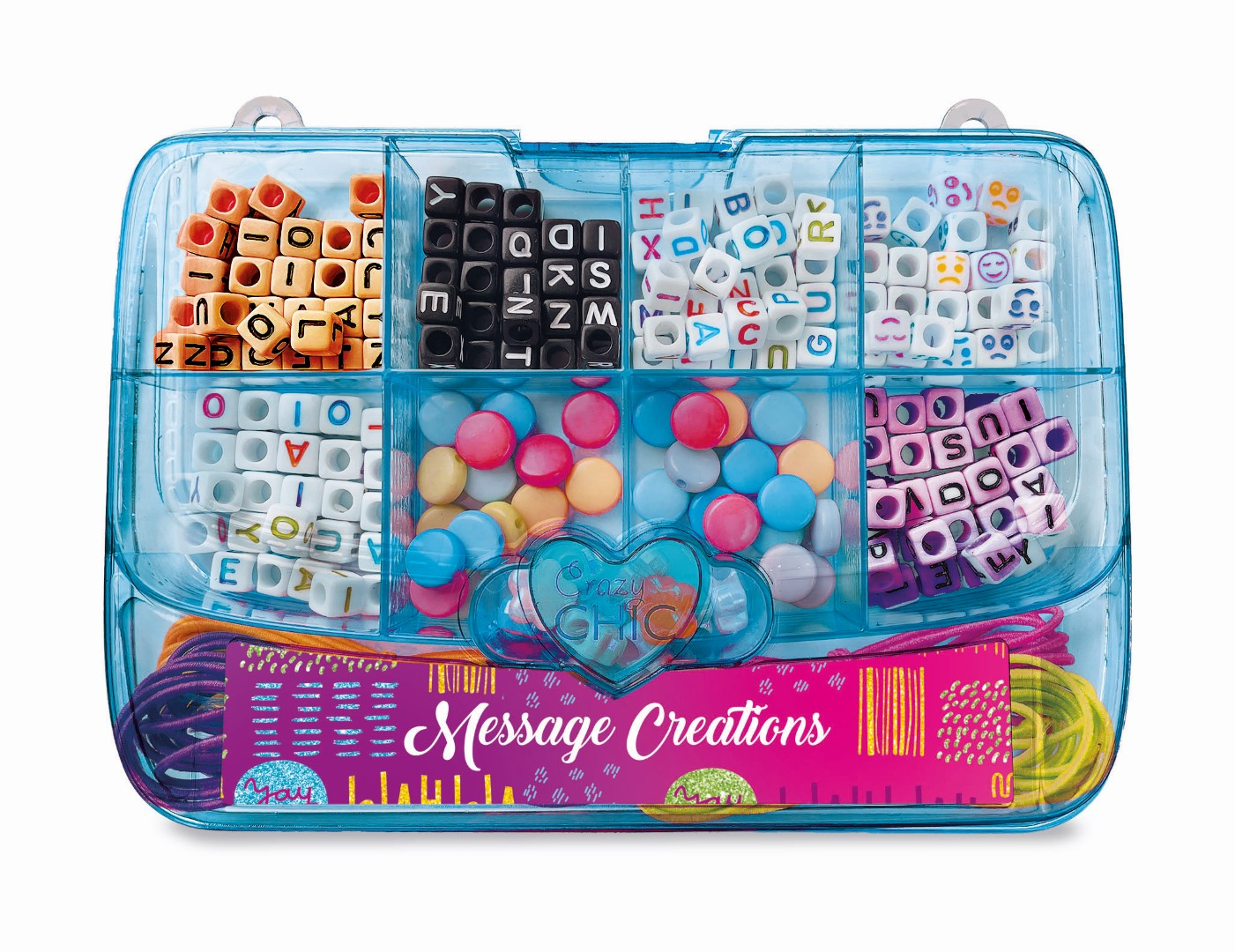 Przezroczysty plastikowy pojemnik do przechowywania z wieloma przegródkami wypełnionymi koralikami i bransoletkami.