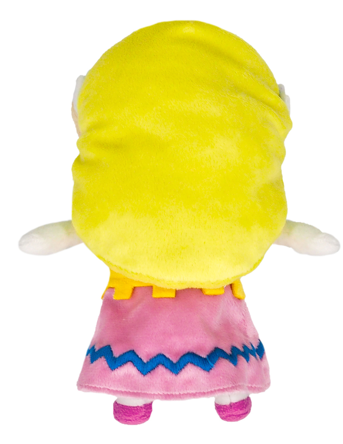 Widok z tyłu pluszowej księżniczki w różu z blond włosami. Ma na sobie żółtą koronę i sukienkę.