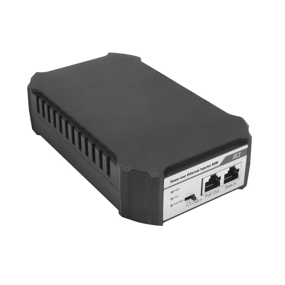 Un iniettore Power over Ethernet nero con etichette.