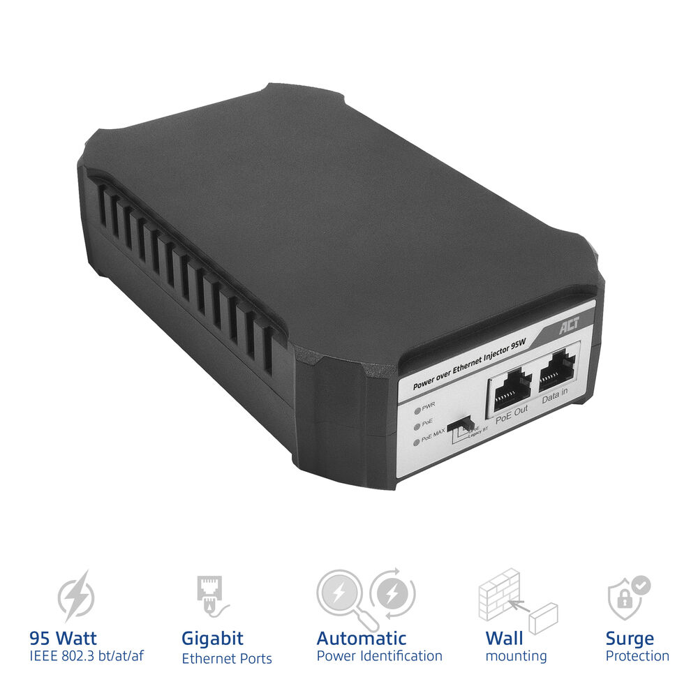 Un iniettore Power over Ethernet nero con porte, che mostra testo e icone per le sue funzionalità.