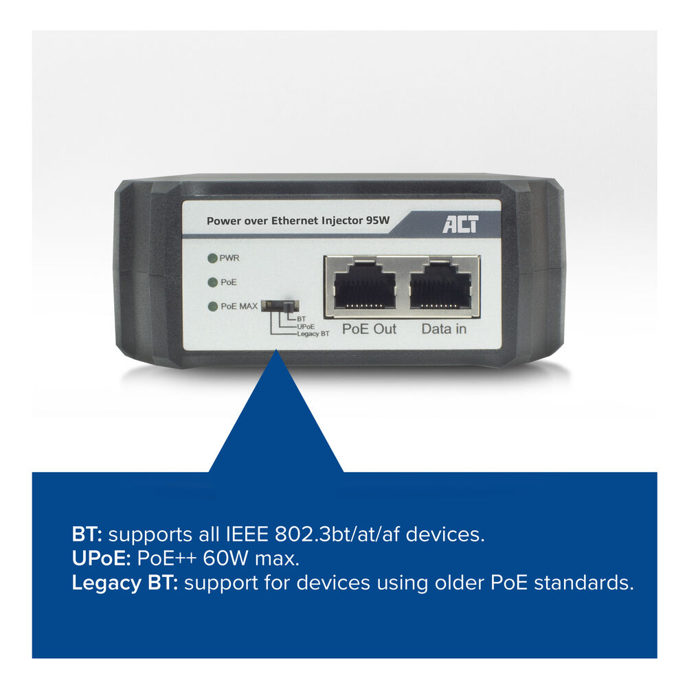 Iniettore Power over Ethernet nero con etichette.