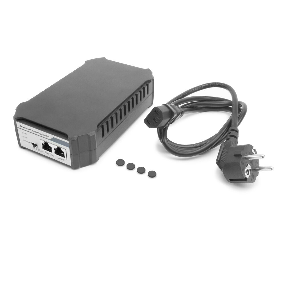 Un iniettore Power over Ethernet nero con cavo di alimentazione.