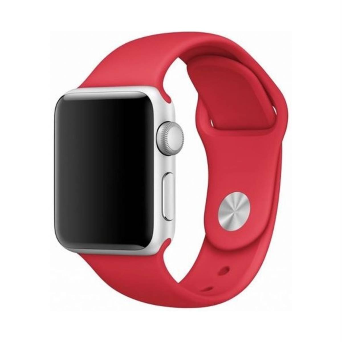 Un Apple Watch rosso con cassa bianca è mostrato su sfondo bianco.