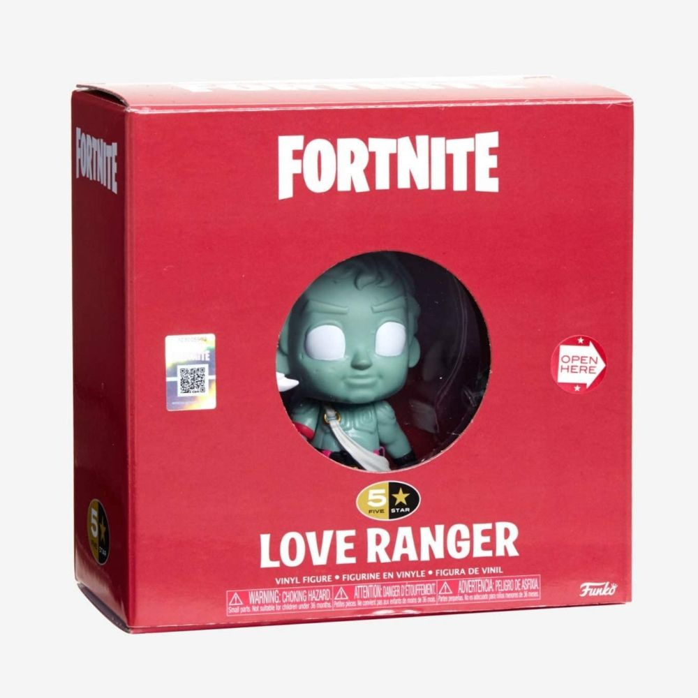 Una scatola rossa di Fortnite con la statuina Love Ranger all'interno.