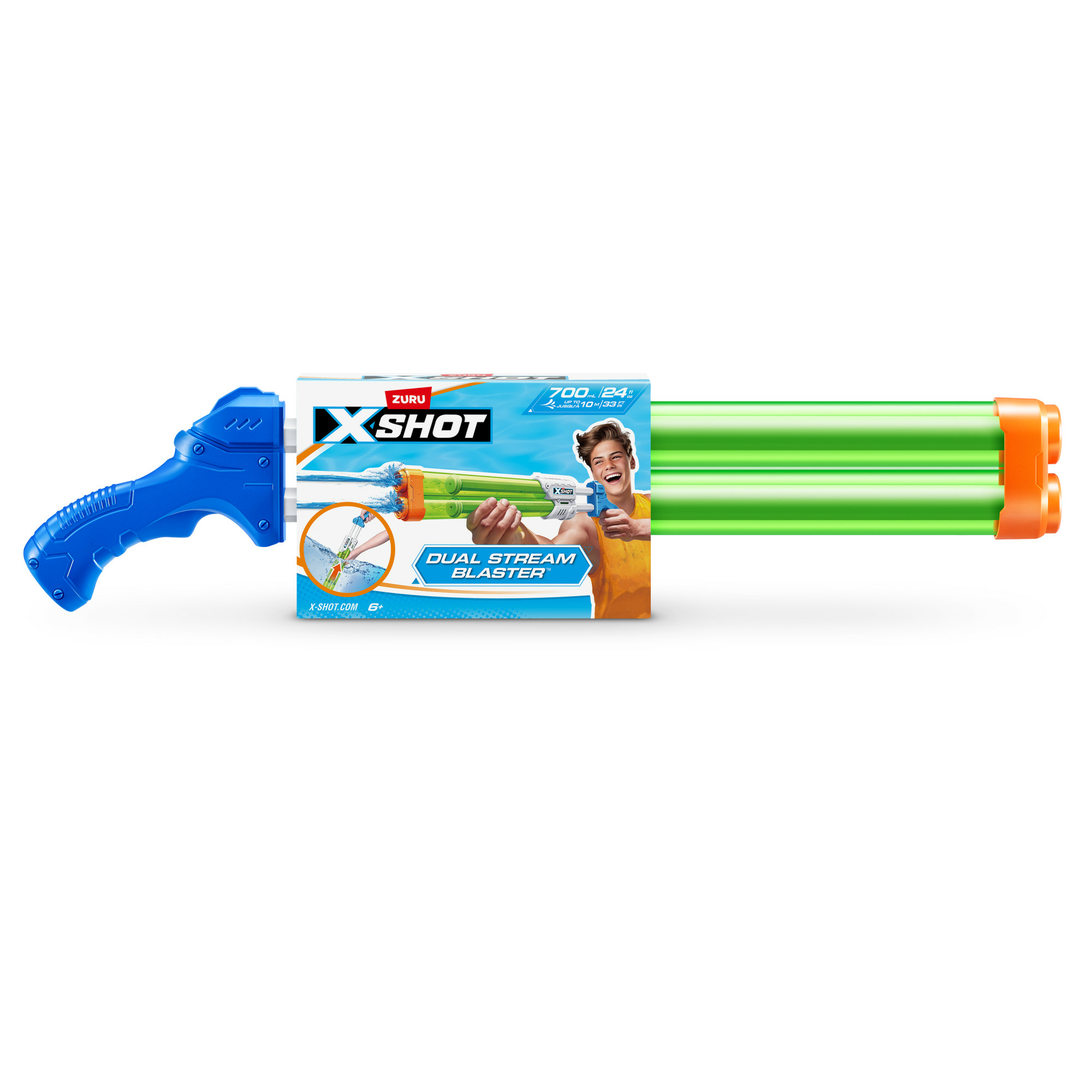 Spielzeugpistole, blauer Griff, grüne Läufe, weiße Box mit Junge, weißer Hintergrund.