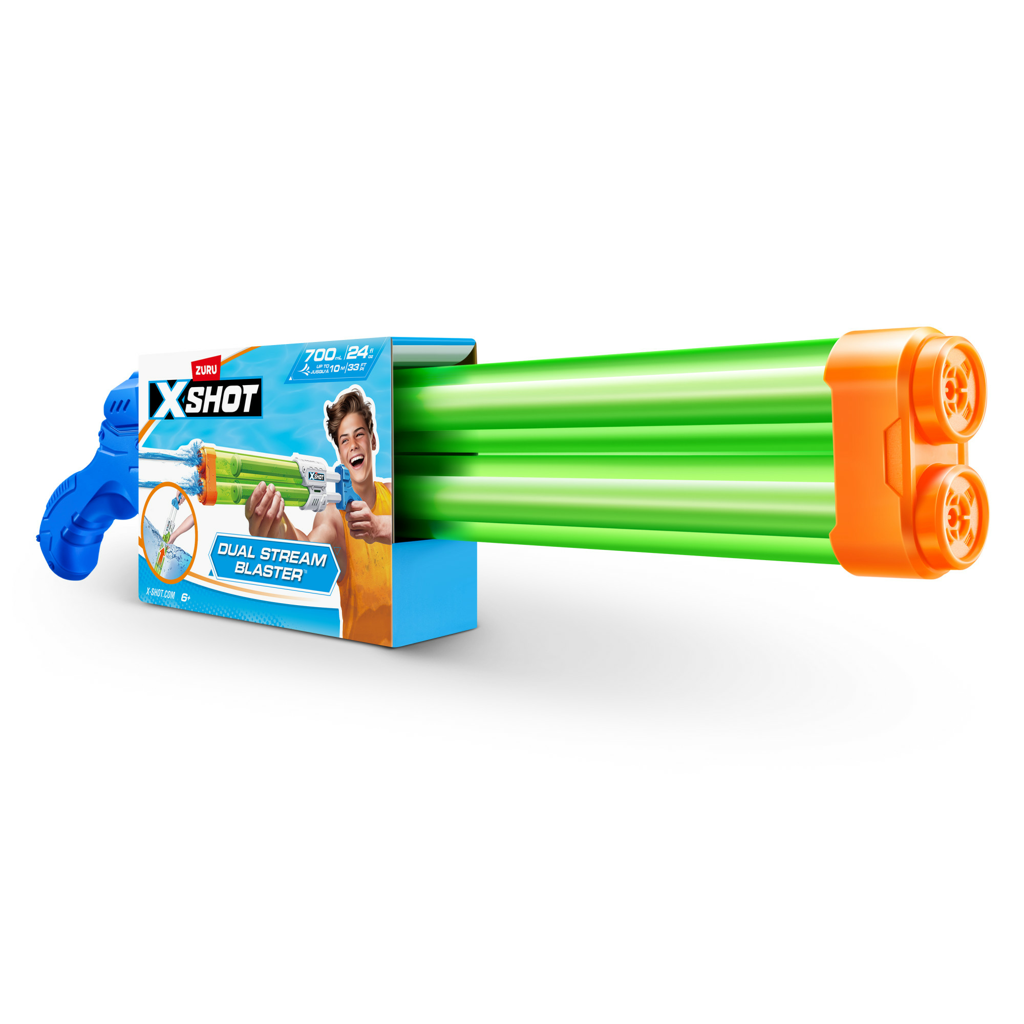 X-SHOT Dual-Stream-Blaster-Spielzeug in einer Box, mit einem Jungen, der Waffe und grünen Rohren.